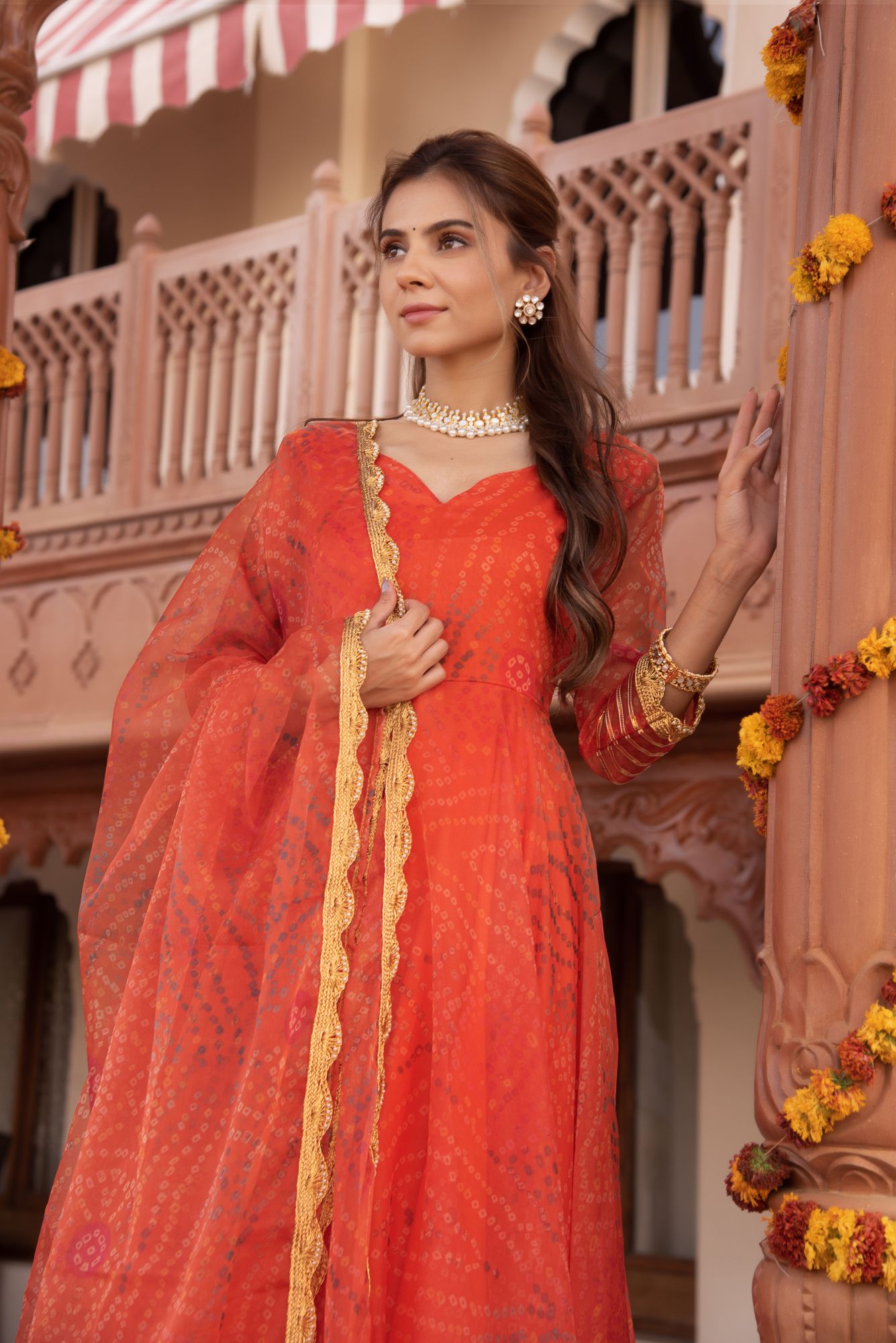Orange Bhandhej Organza Gotapatti Anarkali Suit Set