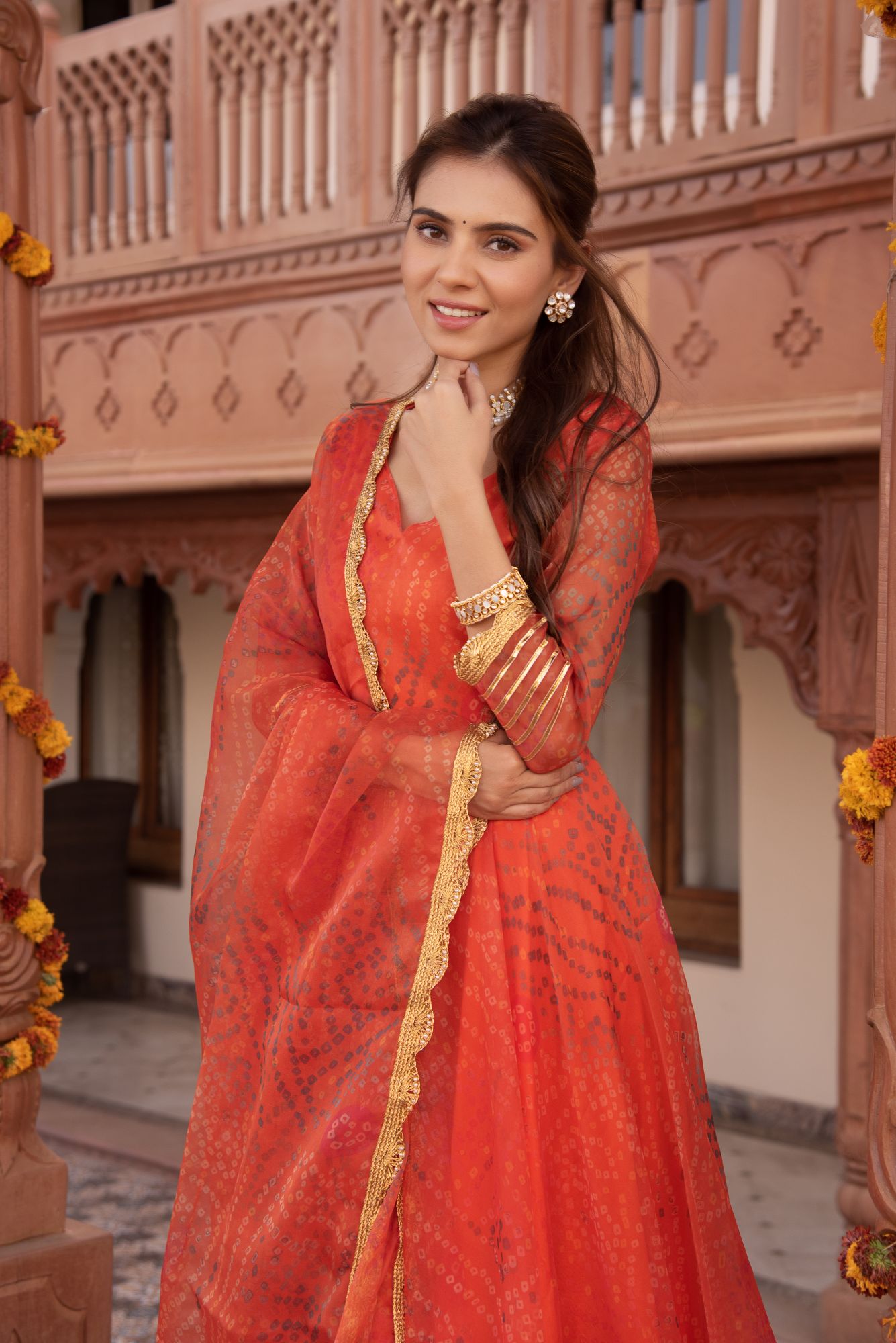 Orange Bhandhej Organza Gotapatti Anarkali Suit Set