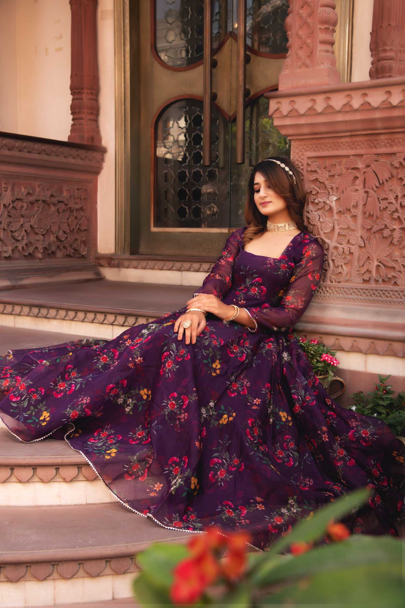 Plum Purple Gotapatti Organza Anarkali Suit Set
