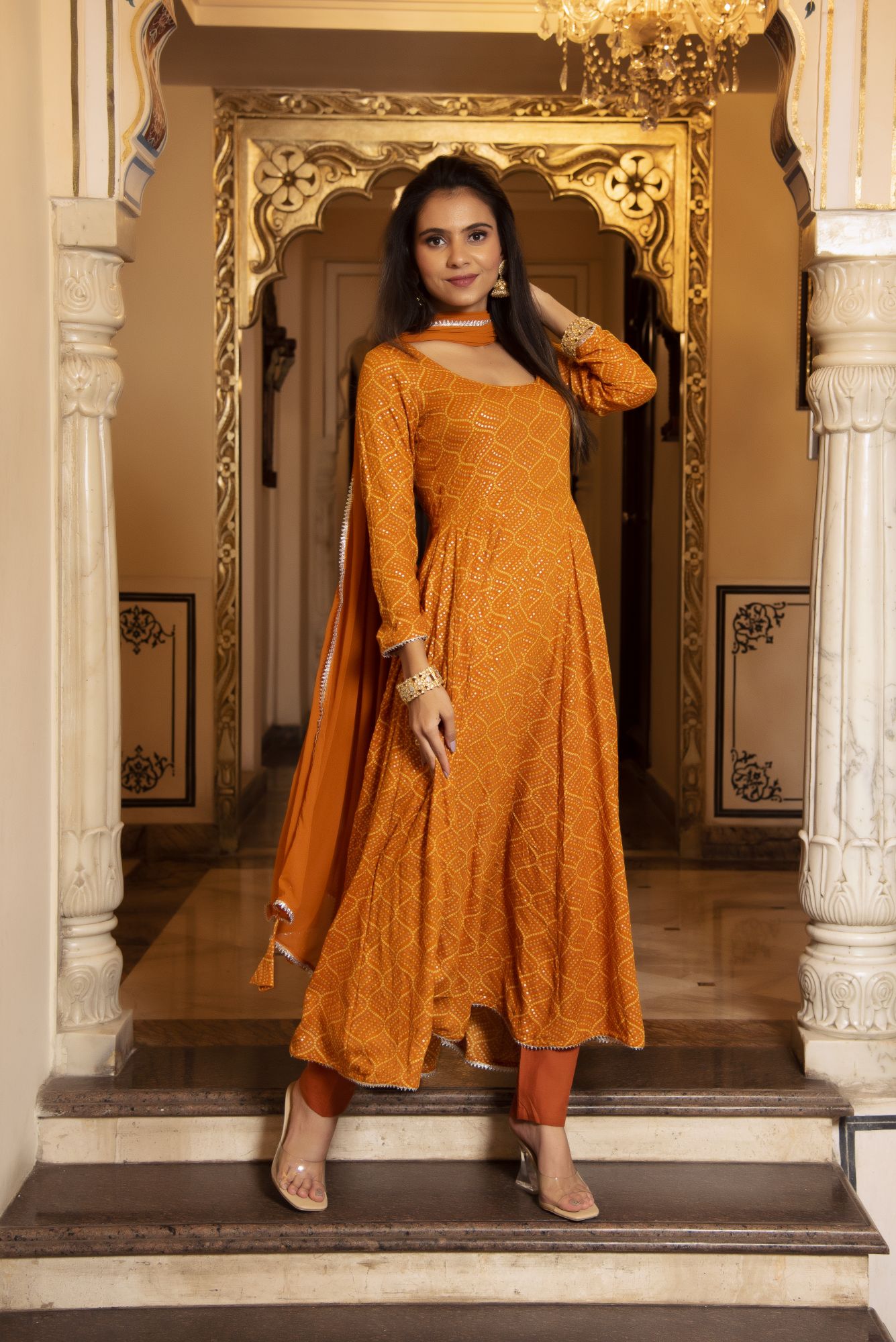 Imperial Golden Printed Anarkali Suit Set