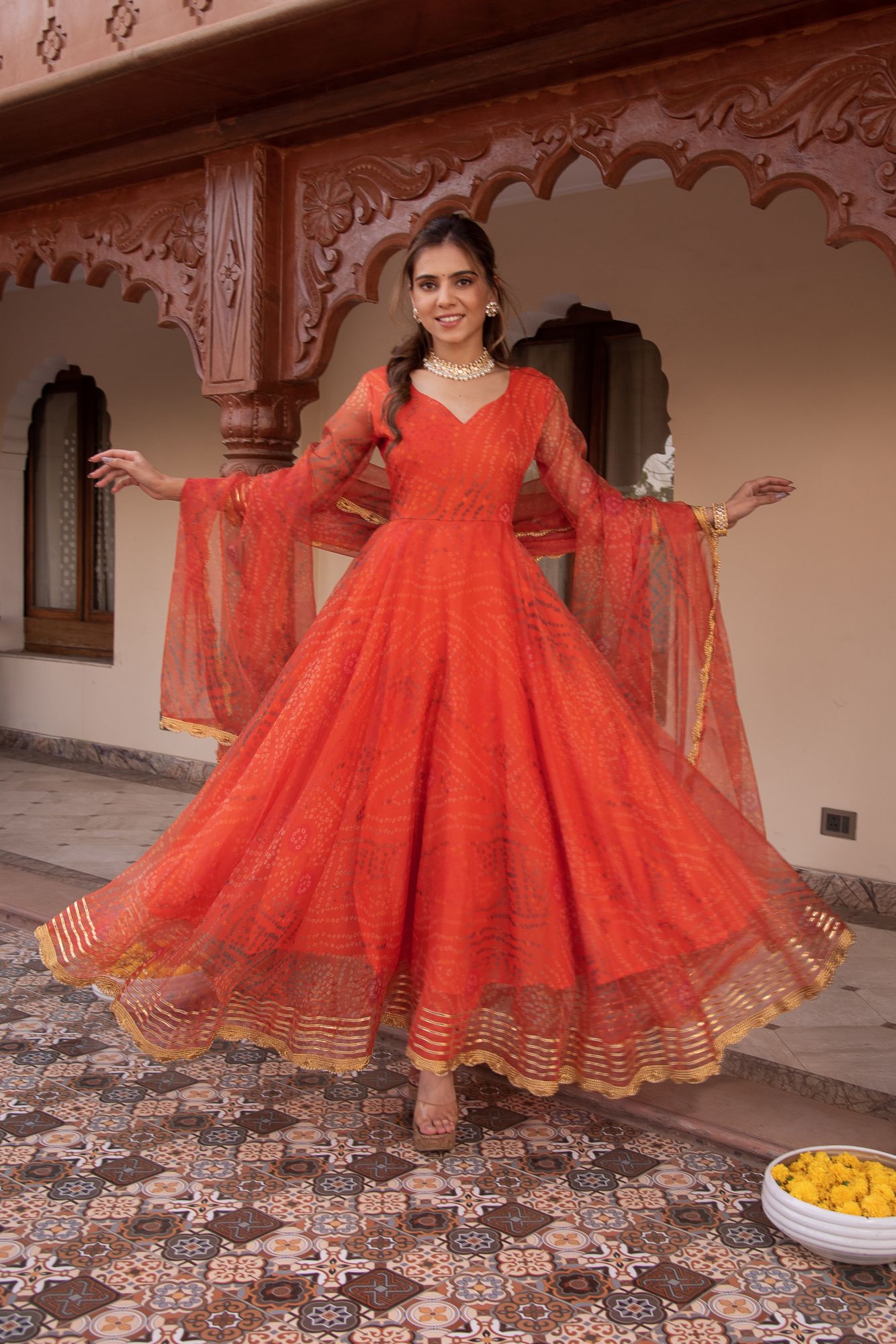 Orange Bhandhej Organza Gotapatti Anarkali Suit Set