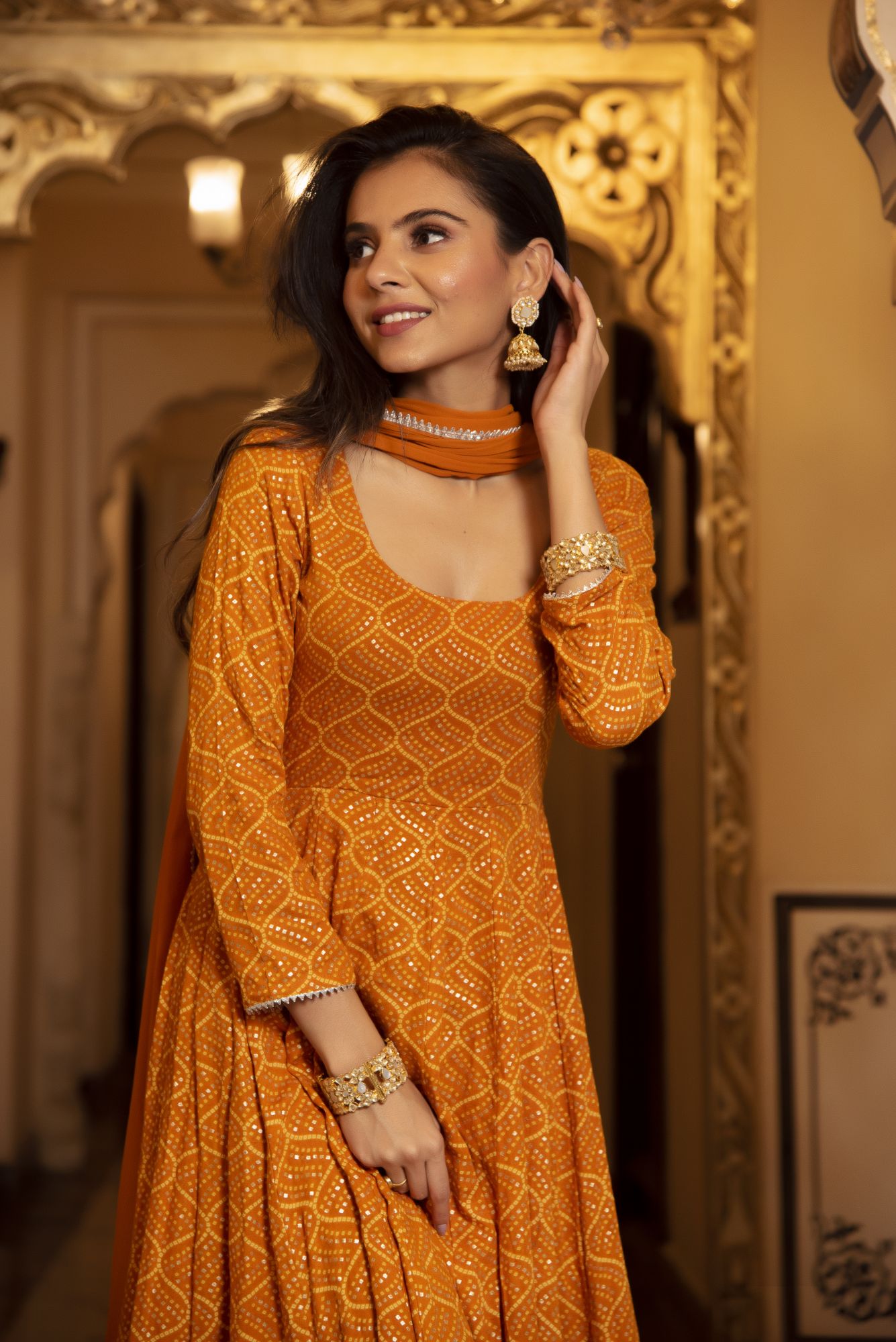 Imperial Golden Printed Anarkali Suit Set