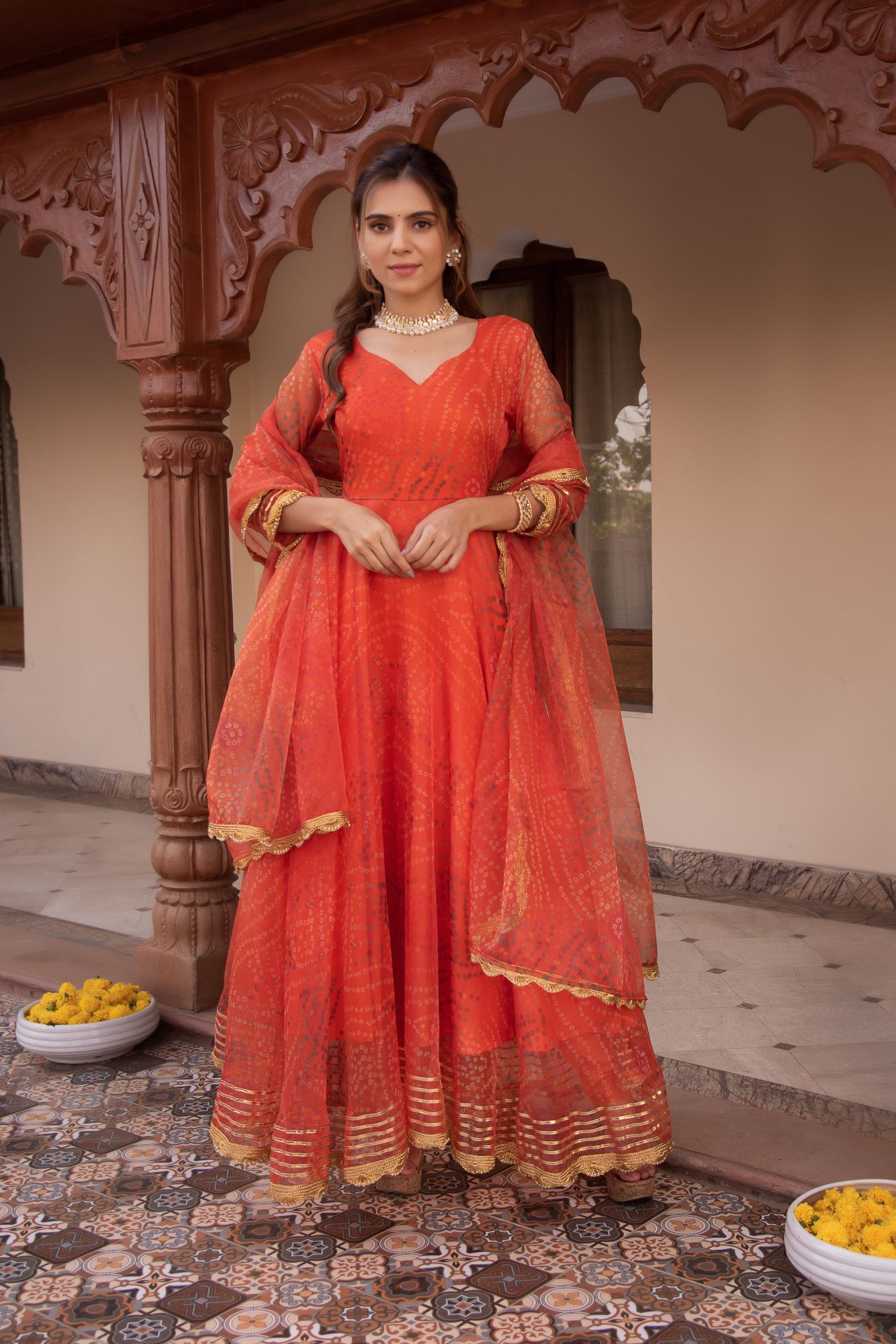 Orange Bhandhej Organza Gotapatti Anarkali Suit Set
