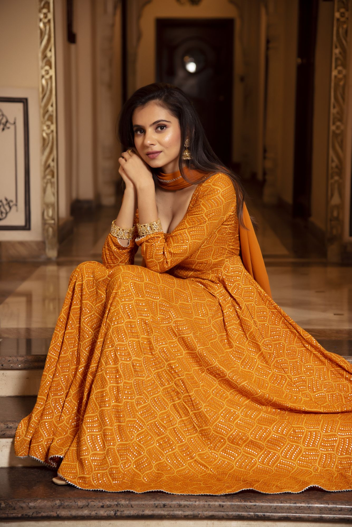 Imperial Golden Printed Anarkali Suit Set