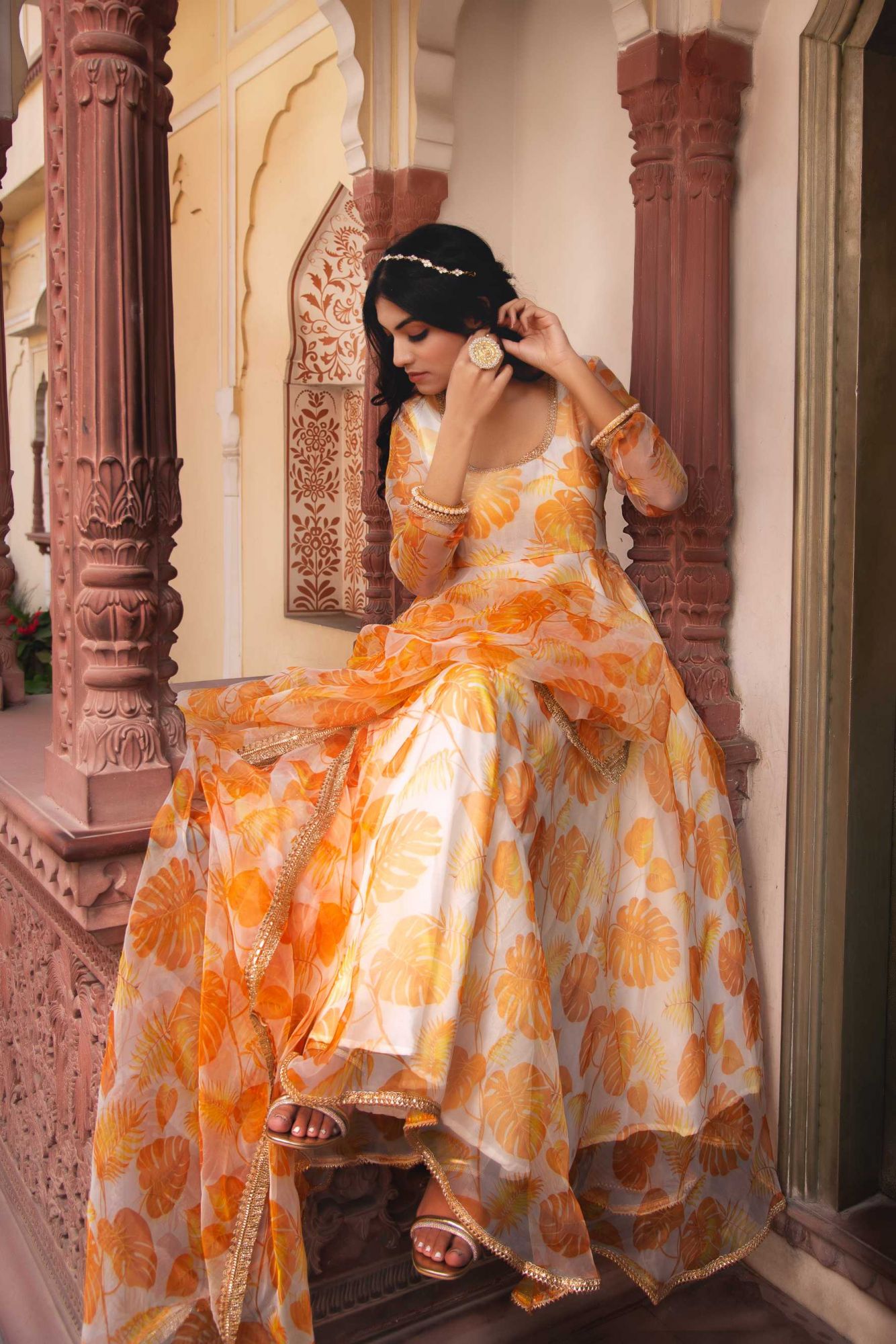 Sunflower Yellow Gotapatti Organza Anarkali Suit Set