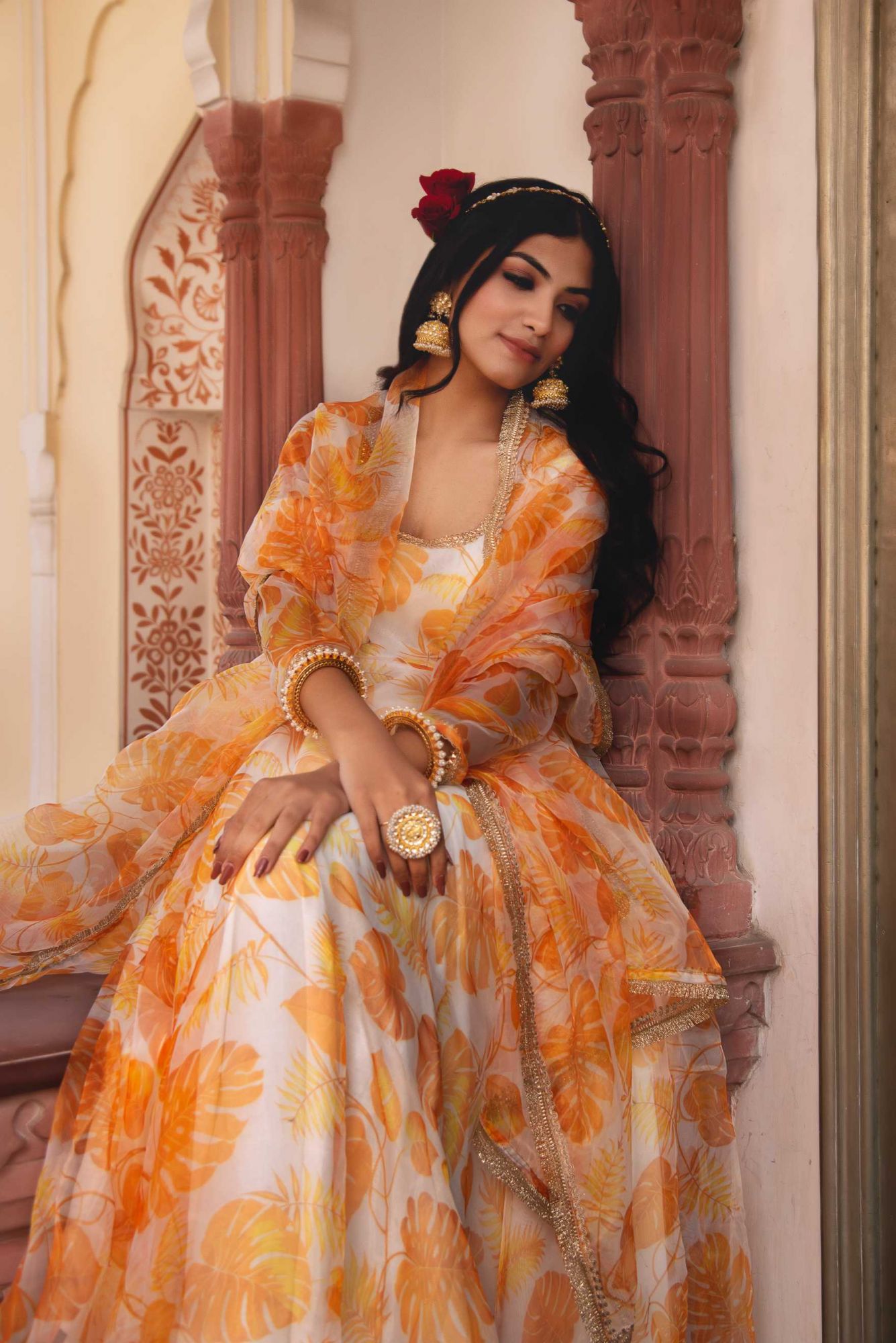 Sunflower Yellow Gotapatti Organza Anarkali Suit Set