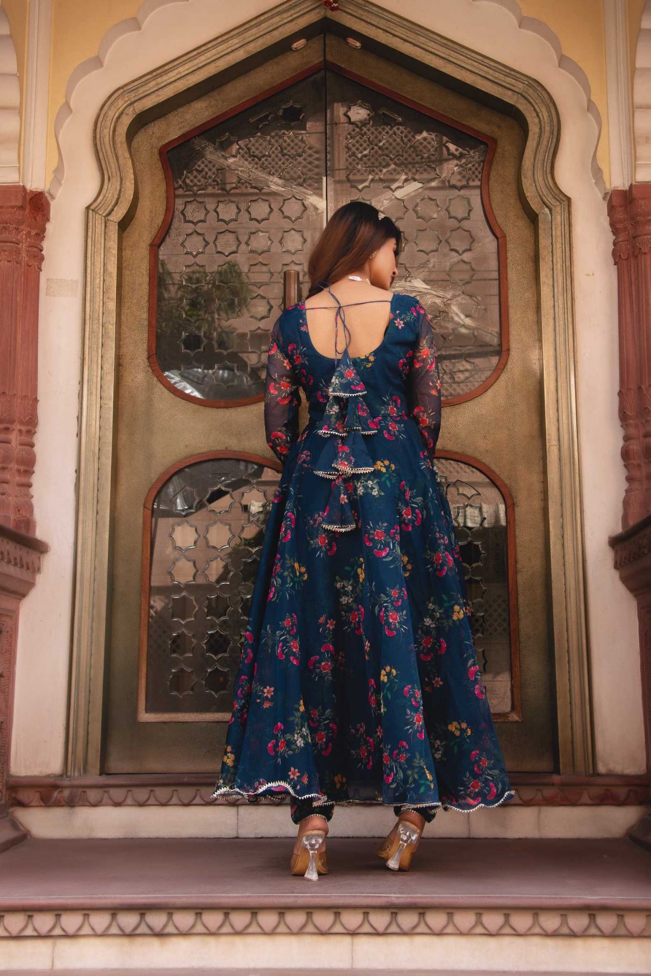 Peacock Blue Gotapatti Organza Anarkali Suit Set