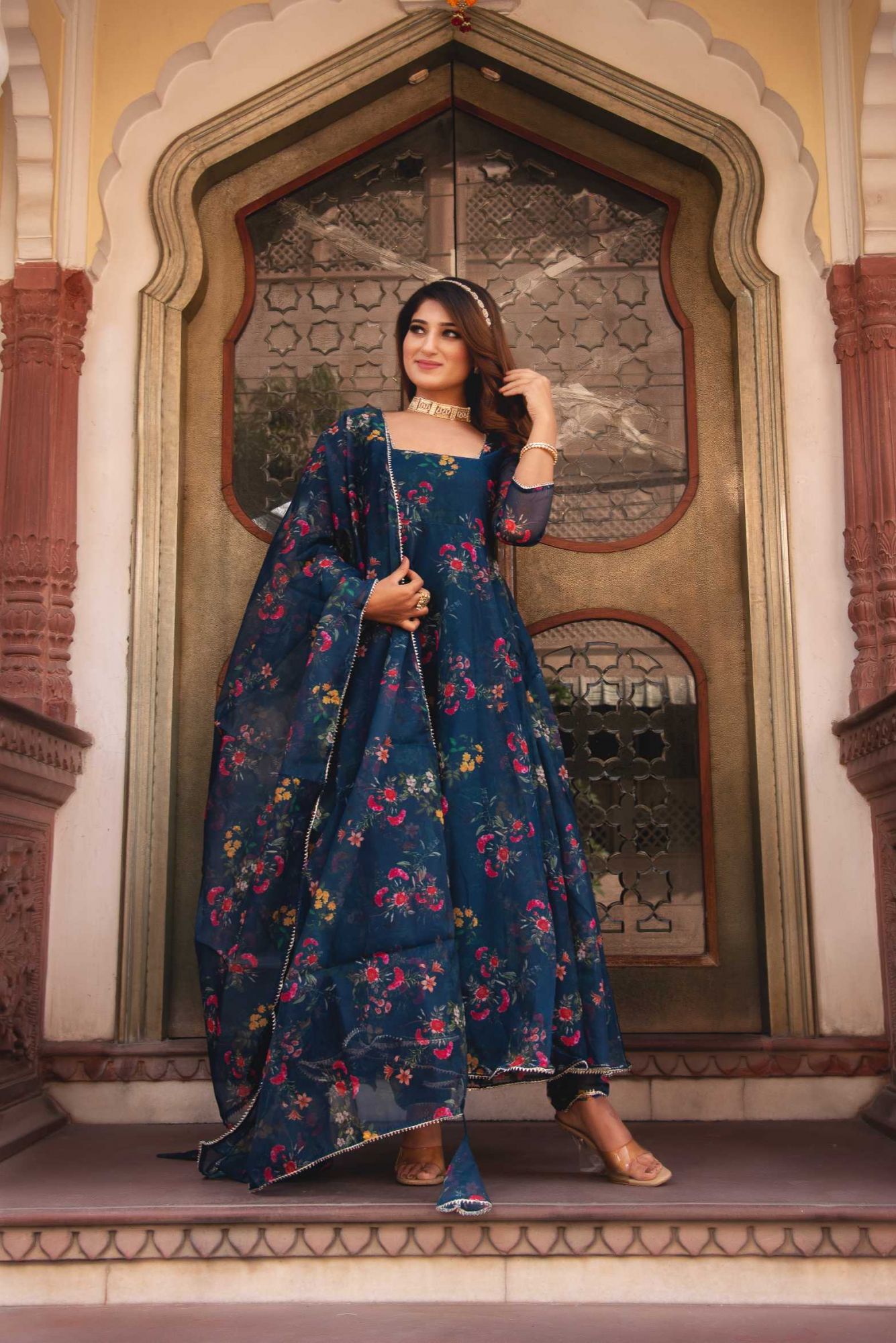 Peacock Blue Gotapatti Organza Anarkali Suit Set