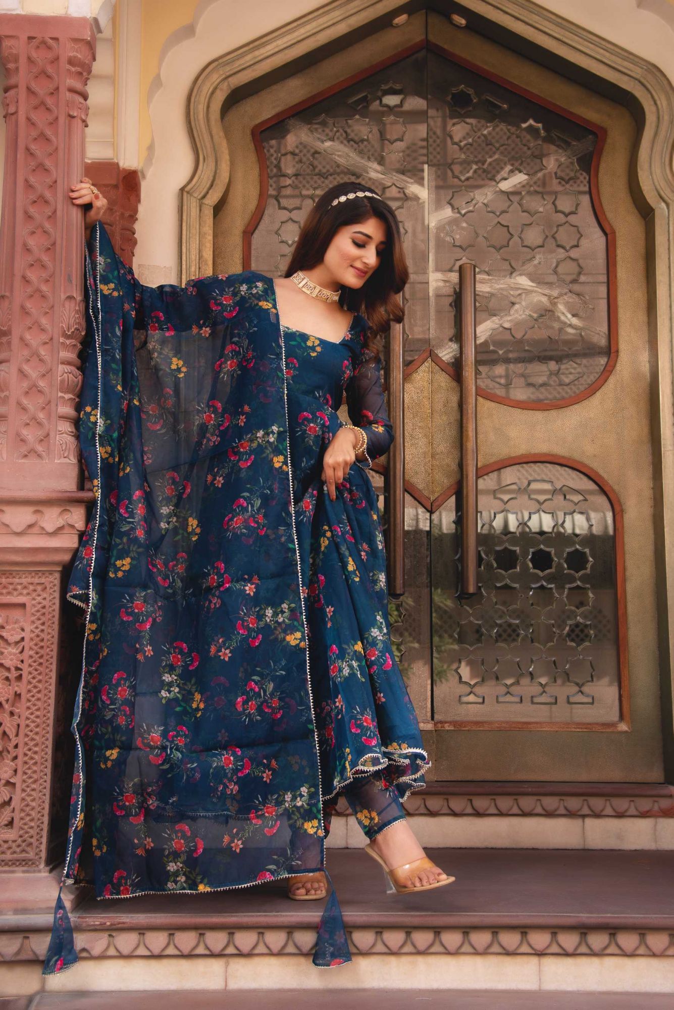 Peacock Blue Gotapatti Organza Anarkali Suit Set