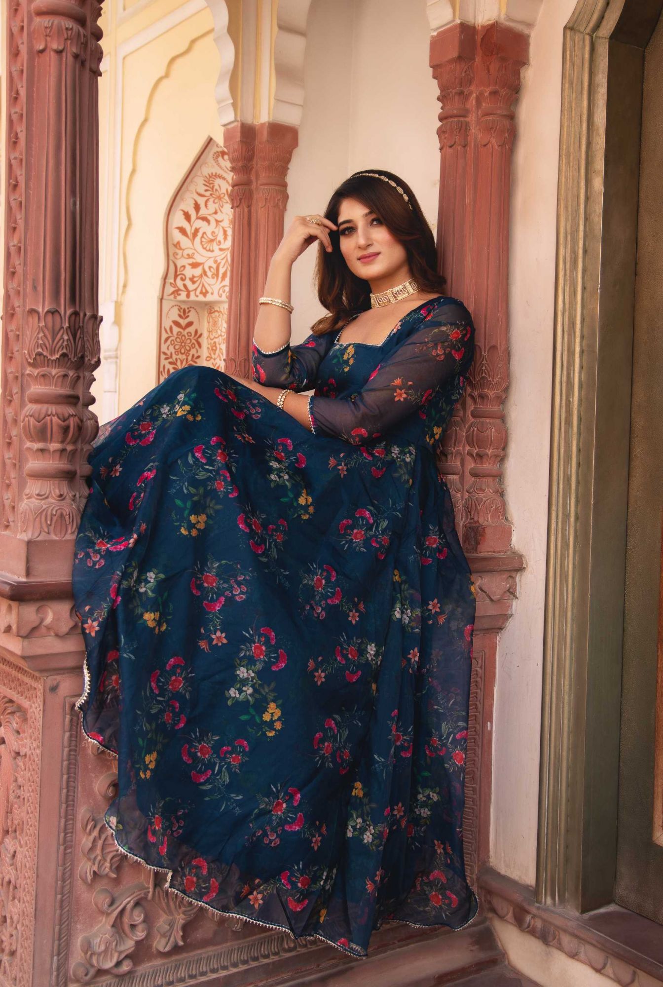Peacock Blue Gotapatti Organza Anarkali Suit Set