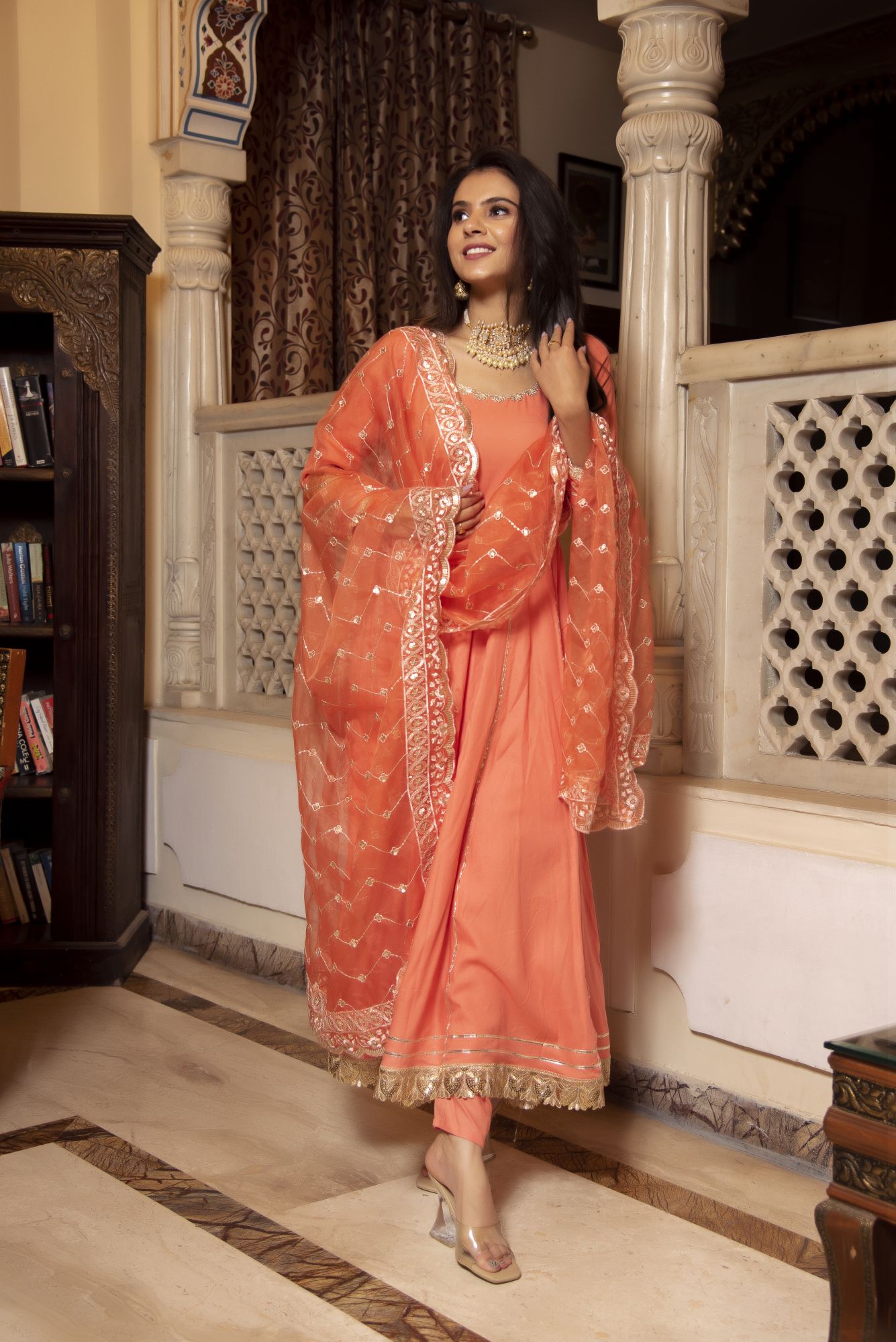 Mumtaz Peach Coloured Gotapatti Anarkali Suit Set With Embroided Dupatta