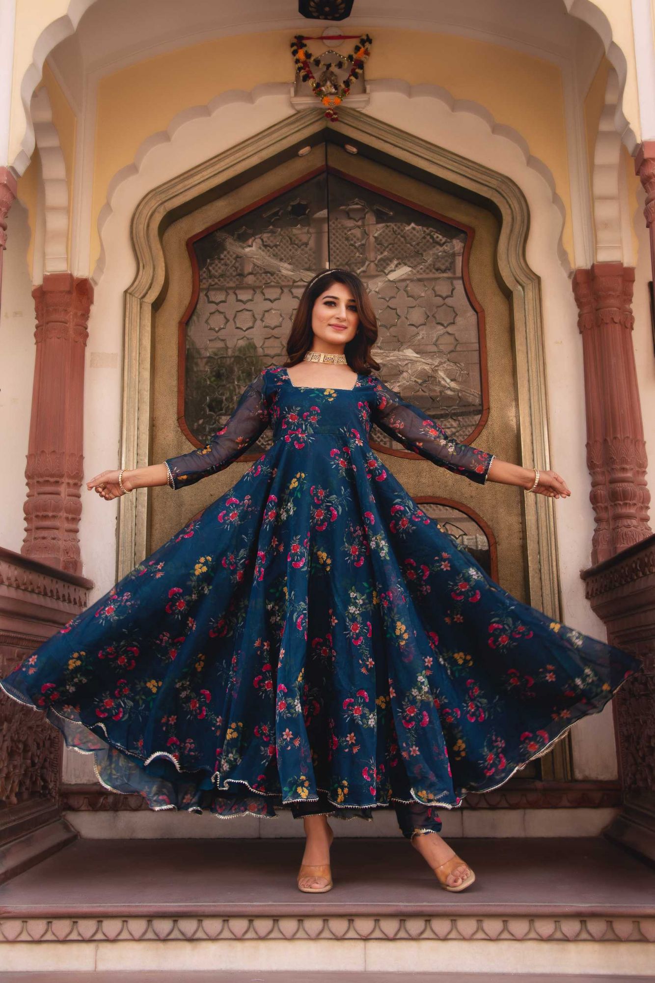 Peacock Blue Gotapatti Organza Anarkali Suit Set