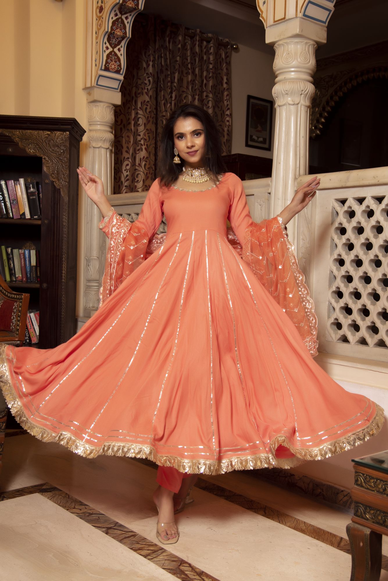 Mumtaz Peach Coloured Gotapatti Anarkali Suit Set With Embroided Dupatta