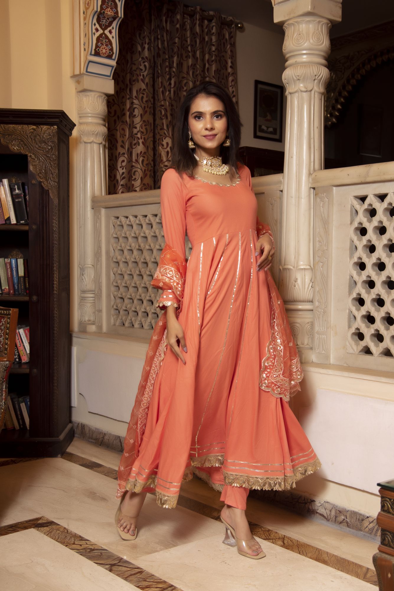Mumtaz Peach Coloured Gotapatti Anarkali Suit Set With Embroided Dupatta