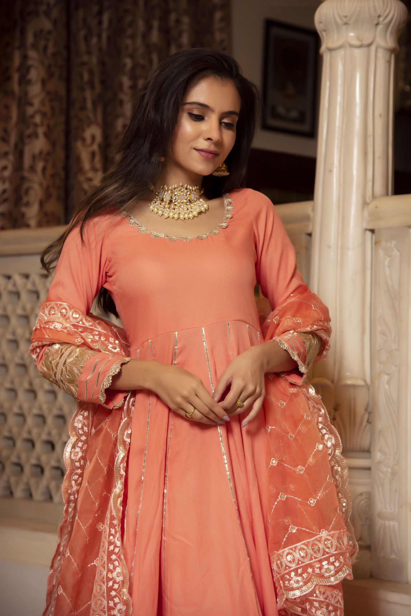 Mumtaz Peach Coloured Gotapatti Anarkali Suit Set With Embroided Dupatta