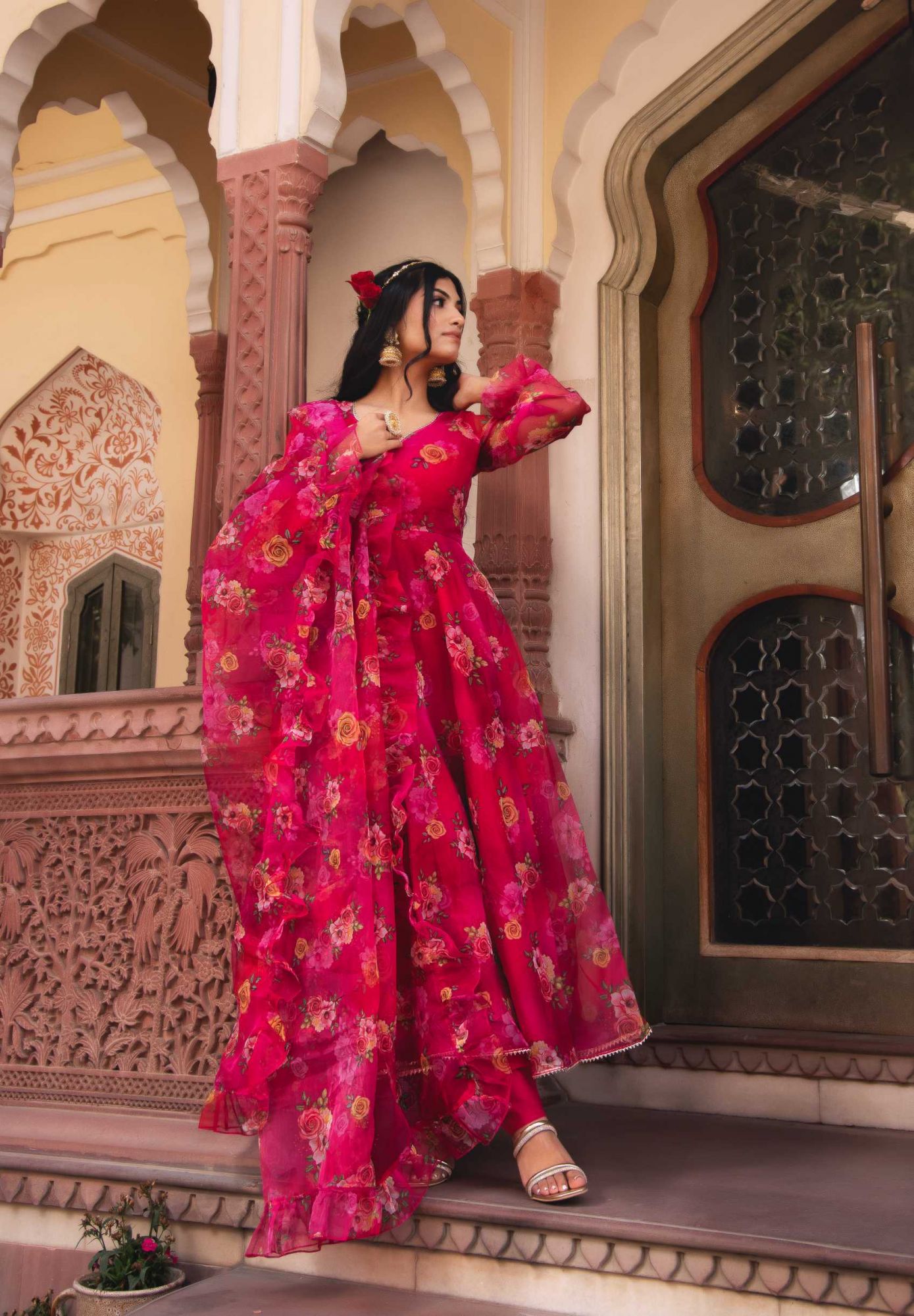 Fushia Pink Organza Ruffle Anarkali Suit Set
