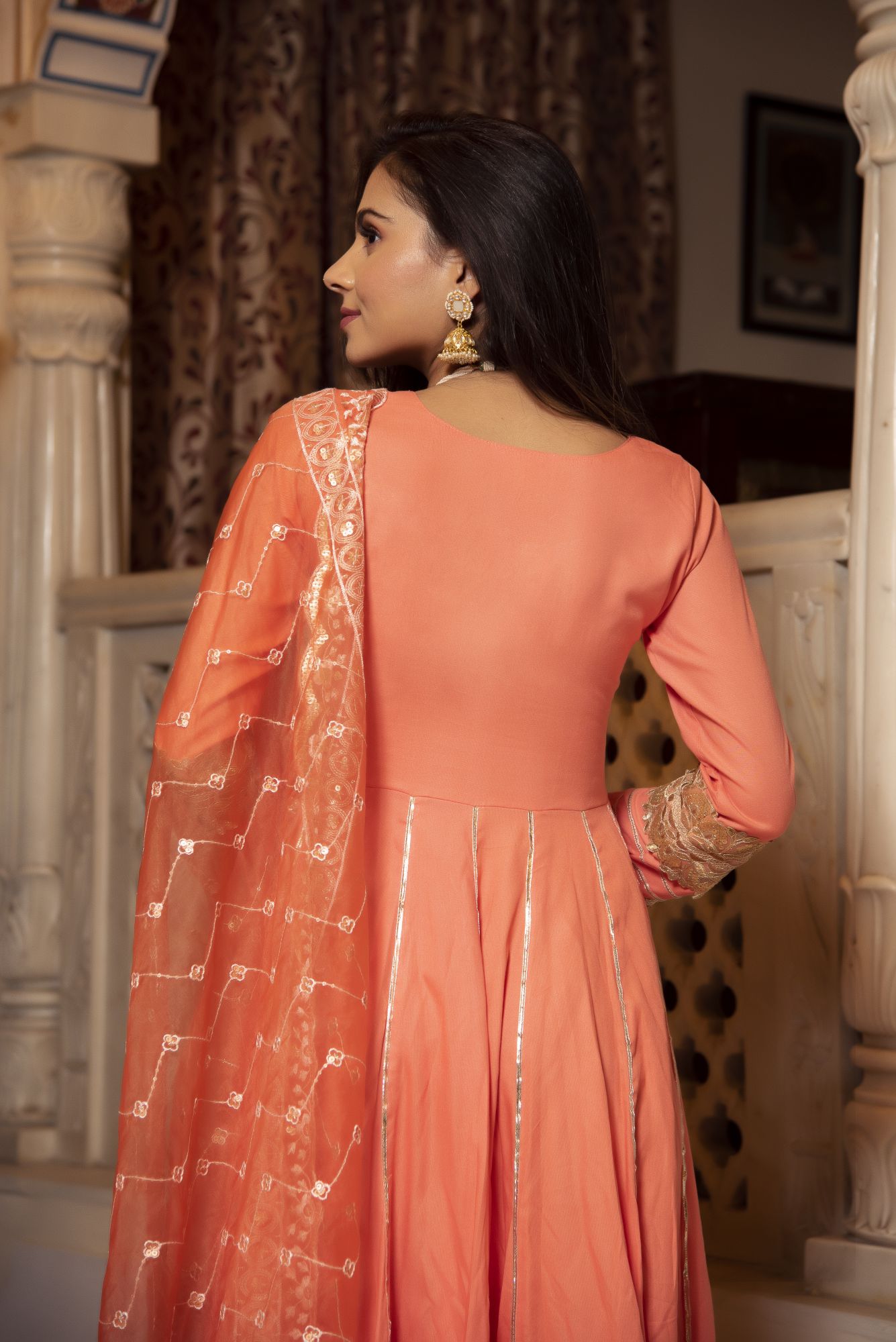 Mumtaz Peach Coloured Gotapatti Anarkali Suit Set With Embroided Dupatta