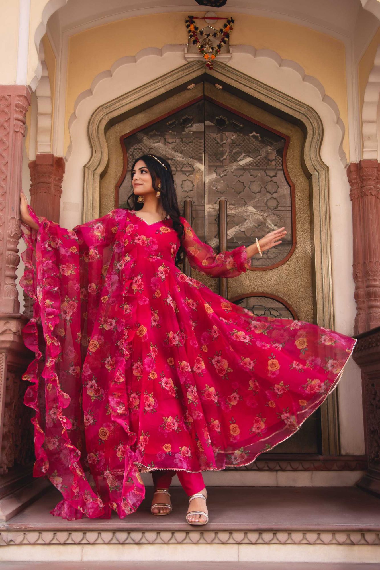 Fushia Pink Organza Ruffle Anarkali Suit Set