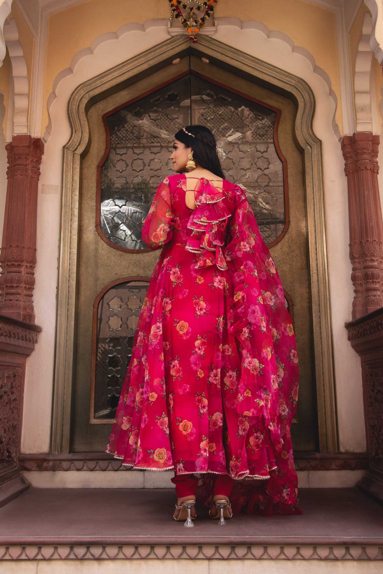 Fushia Pink Organza Ruffle Anarkali Suit Set