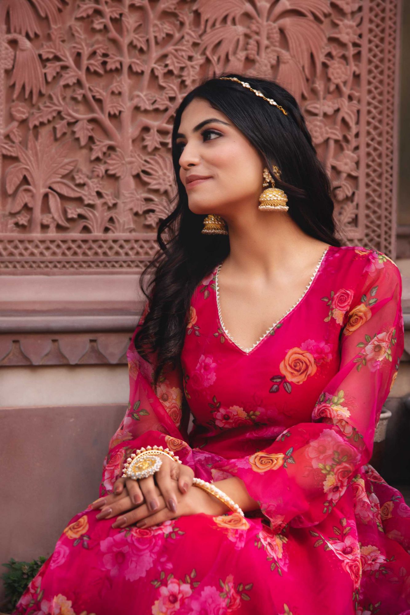 Fushia Pink Organza Ruffle Anarkali Suit Set