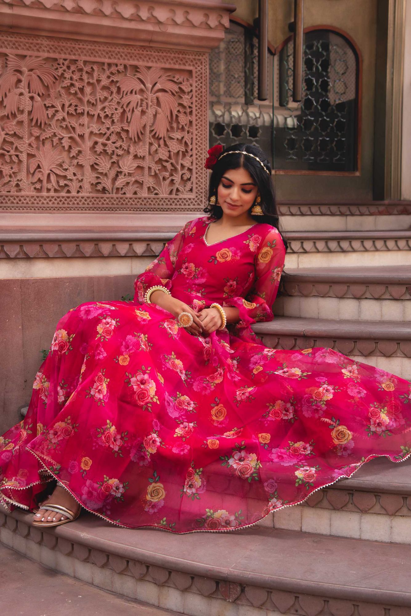 Fushia Pink Organza Ruffle Anarkali Suit Set