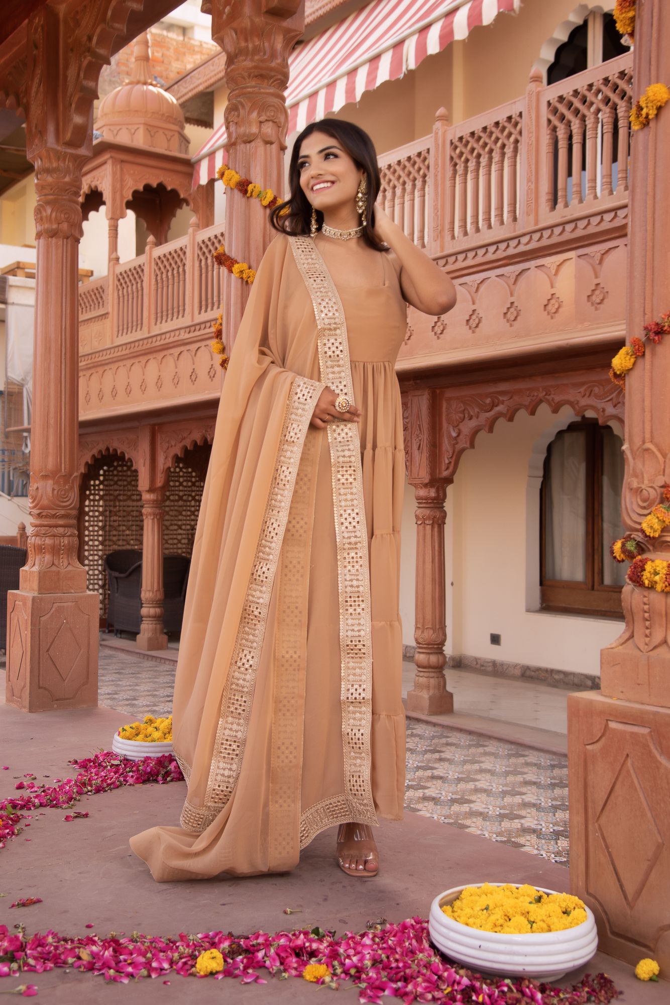Bossy Beige Gotapatti Georgette Anarkali Suit Set