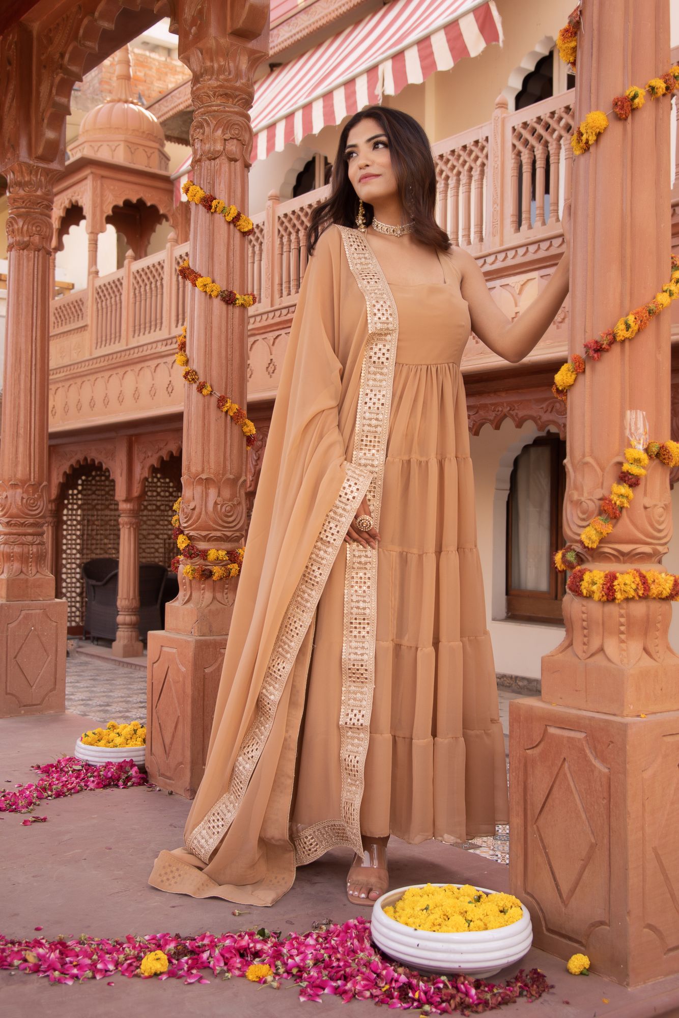 Bossy Beige Gotapatti Georgette Anarkali Suit Set