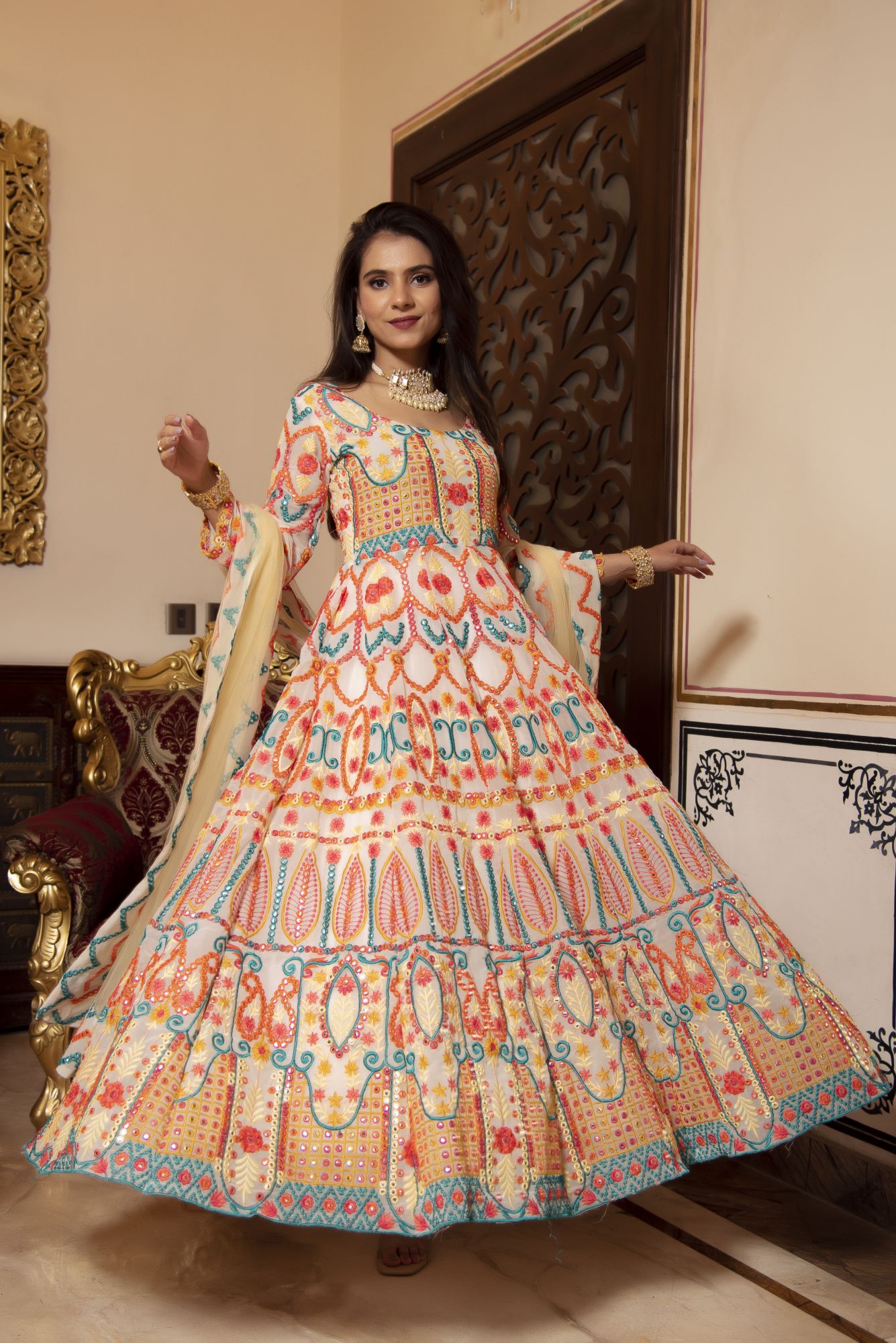 Multi Coloured Embroided Anarkali Suit Set