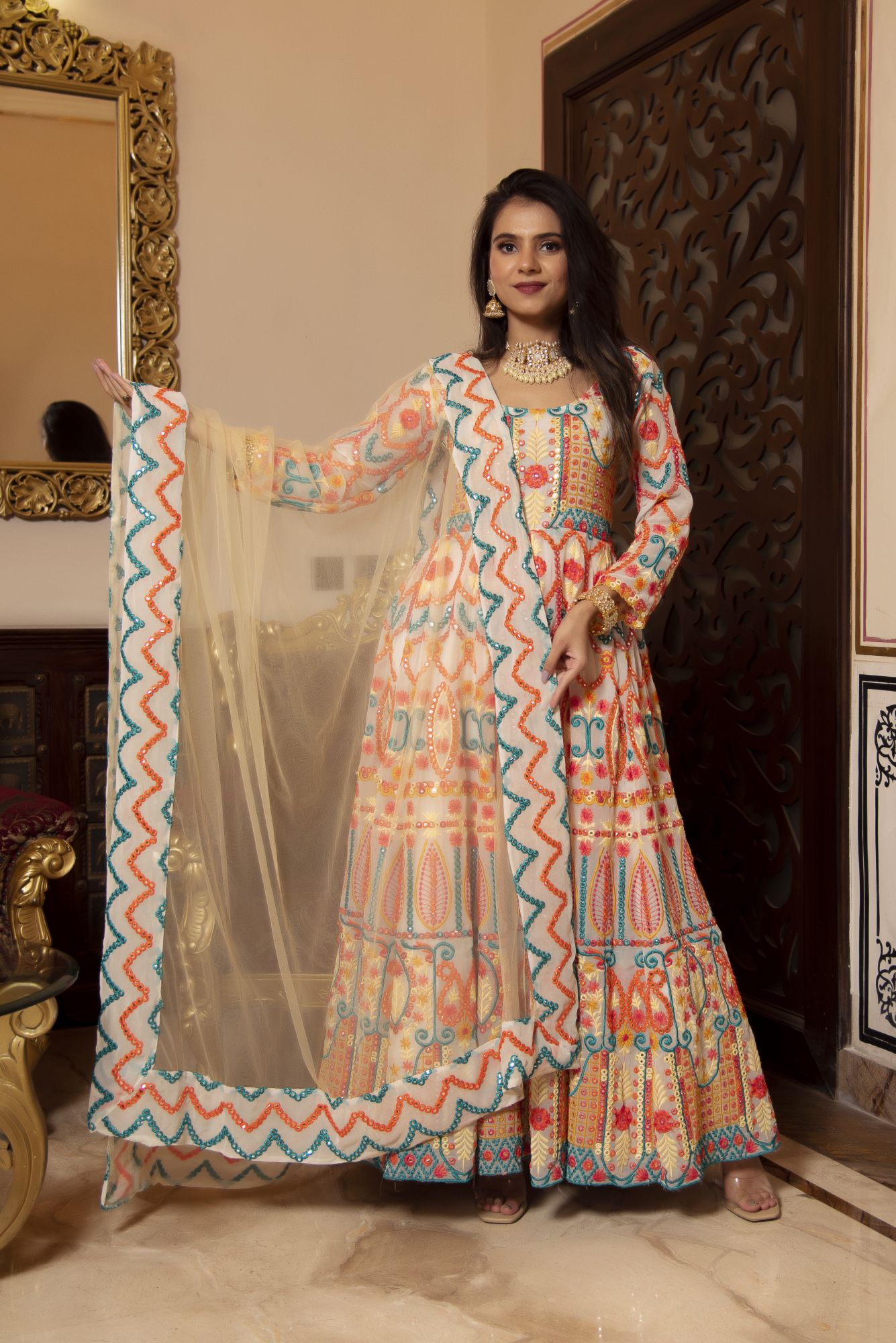 Multi Coloured Embroided Anarkali Suit Set