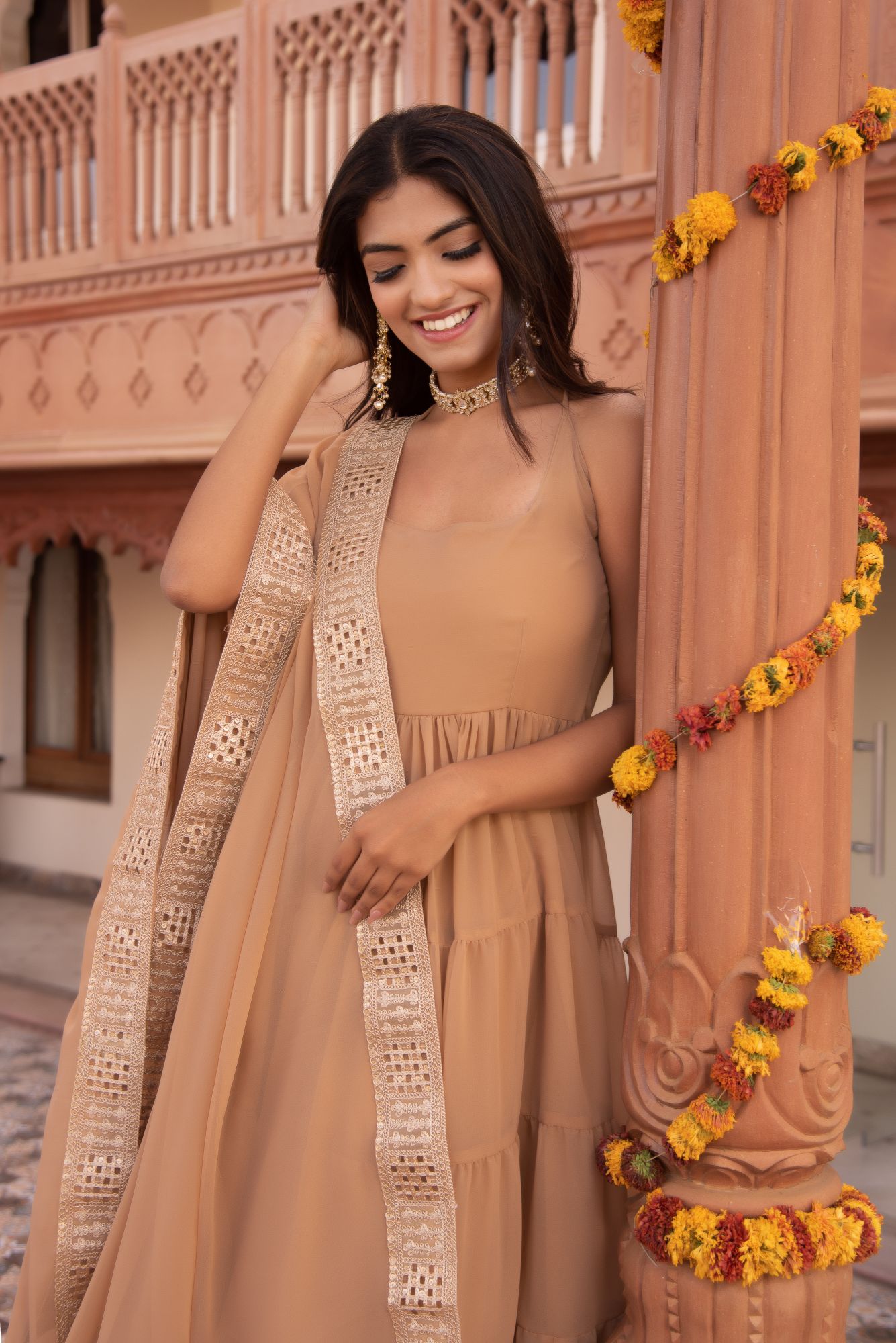 Bossy Beige Gotapatti Georgette Anarkali Suit Set