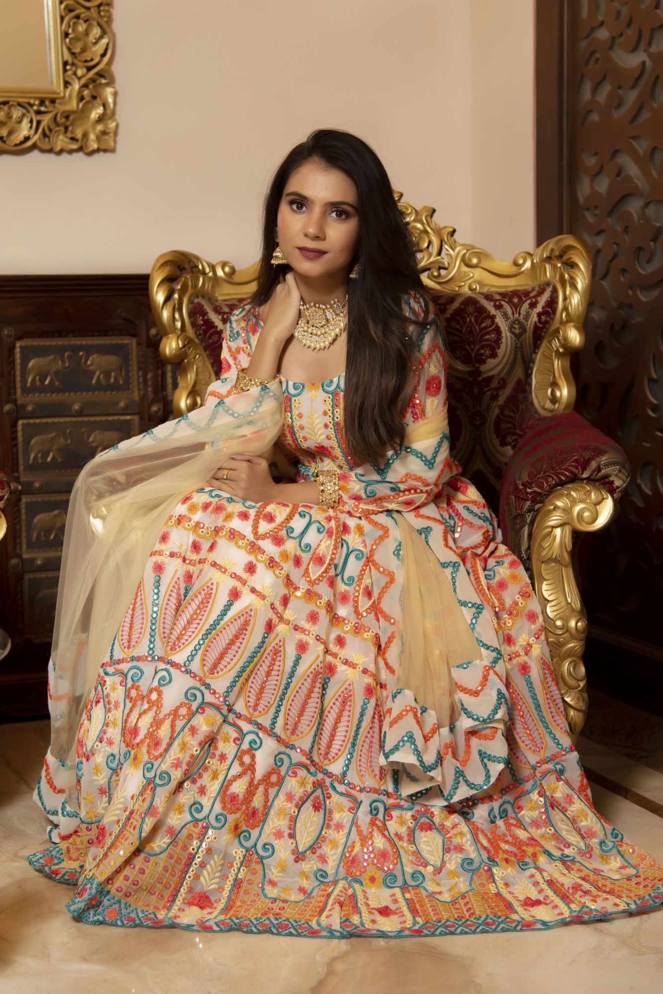 Multi Coloured Embroided Anarkali Suit Set