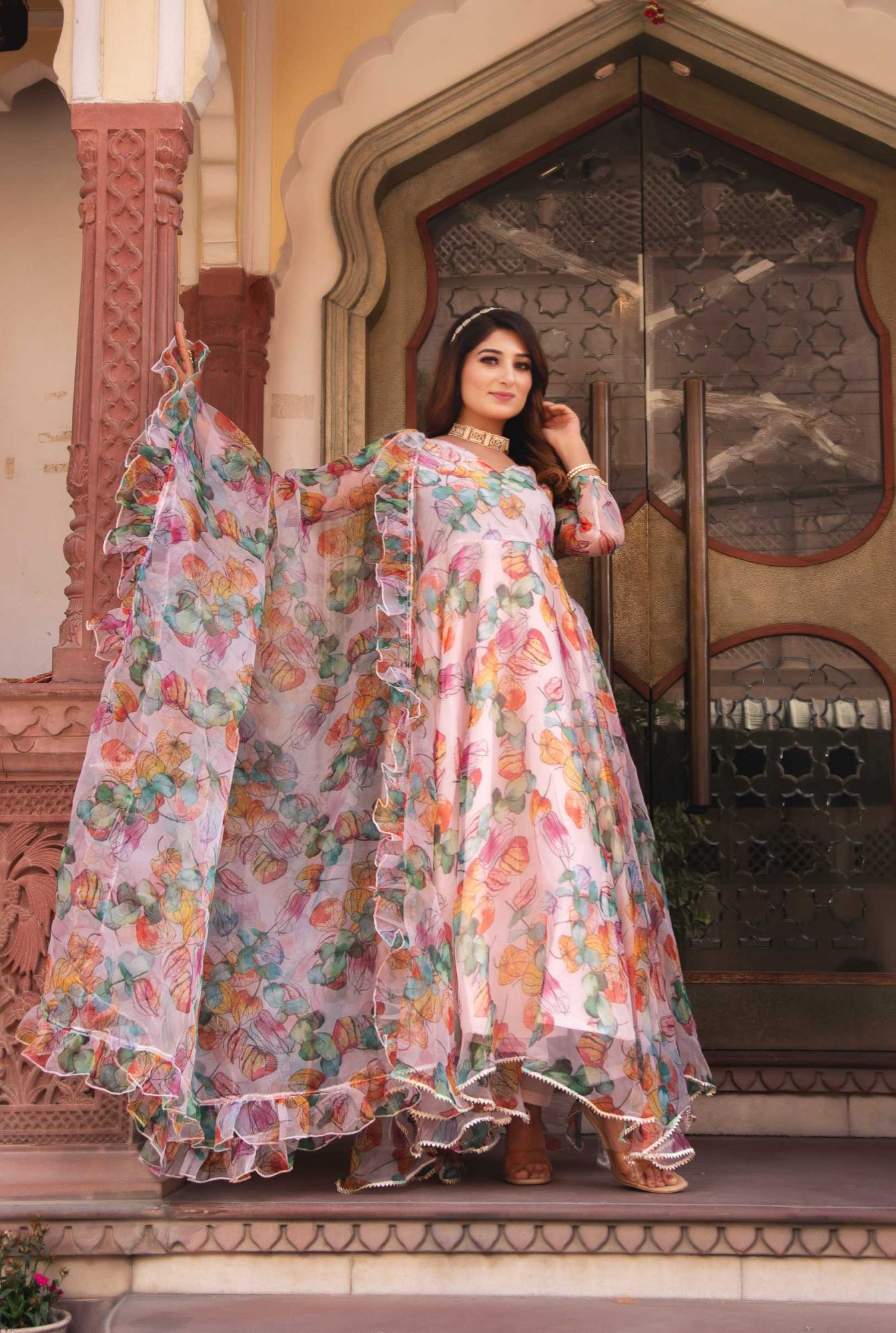 Multicolour Organza Ruffle Anarkali Suit Set