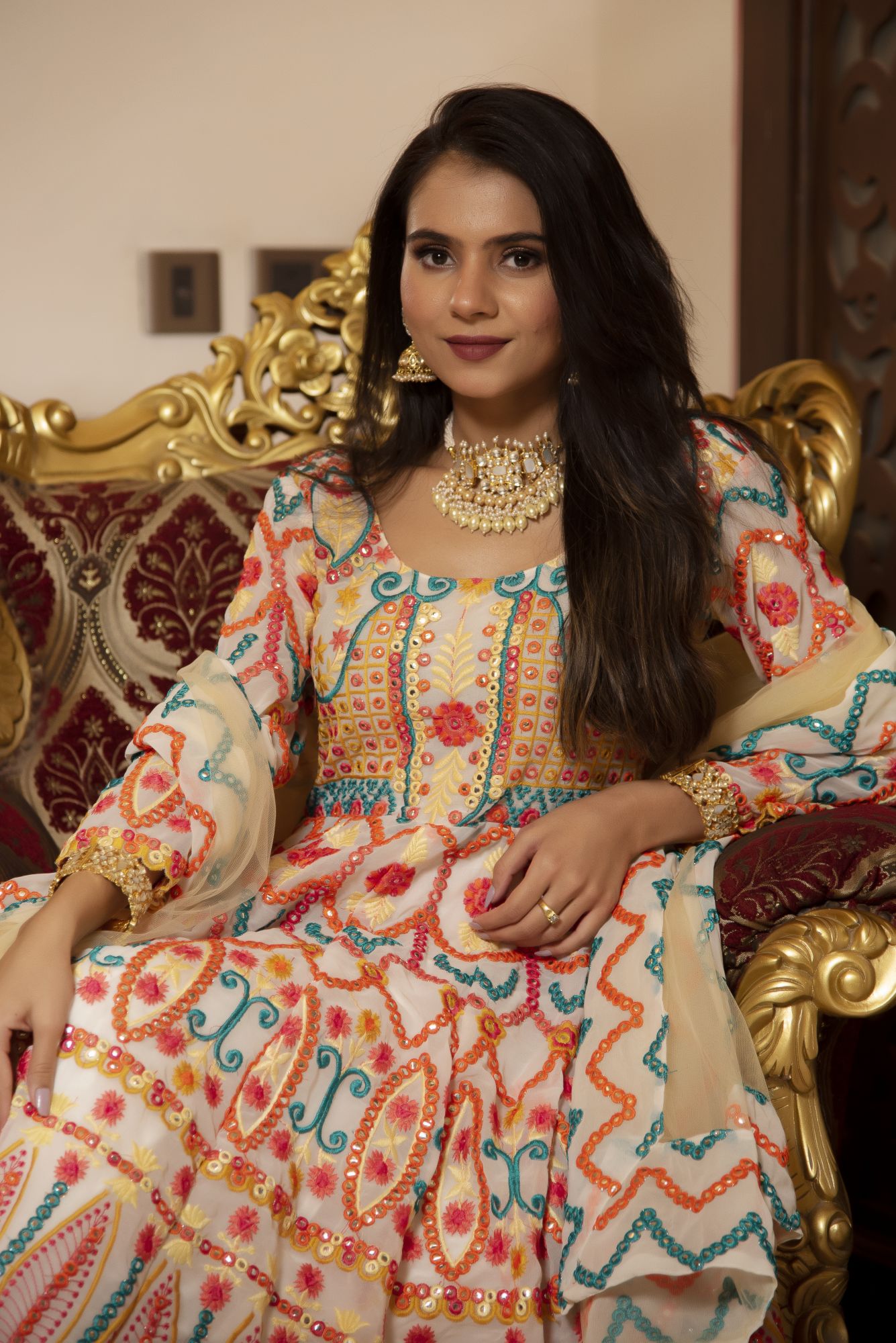 Multi Coloured Embroided Anarkali Suit Set