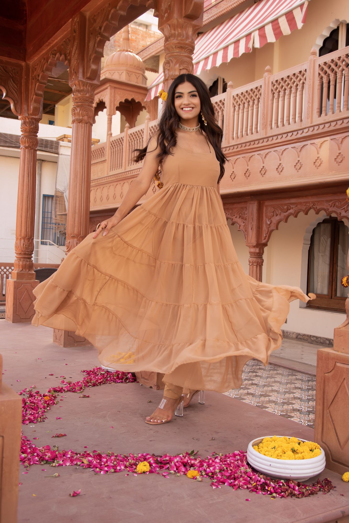 Bossy Beige Gotapatti Georgette Anarkali Suit Set