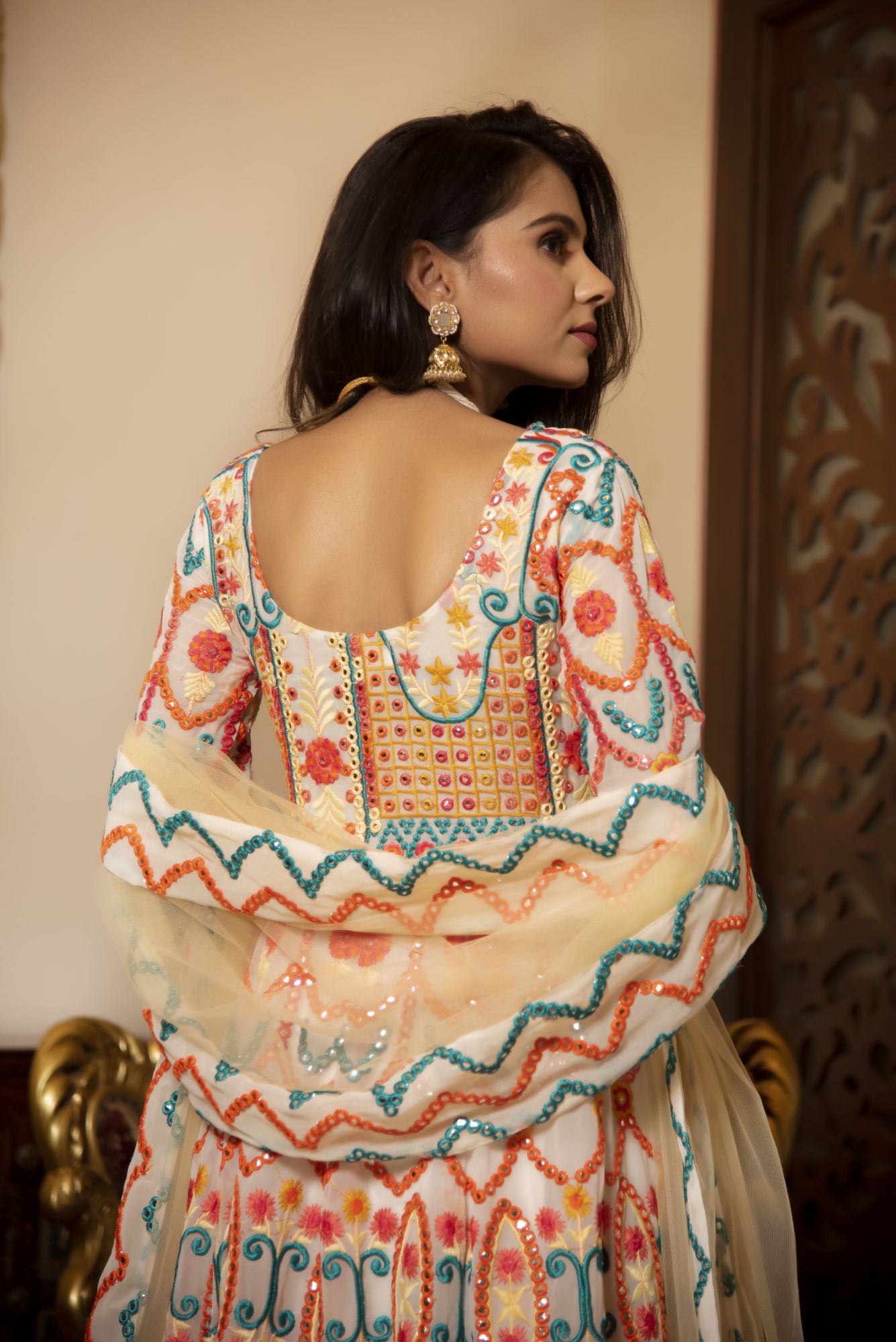 Multi Coloured Embroided Anarkali Suit Set