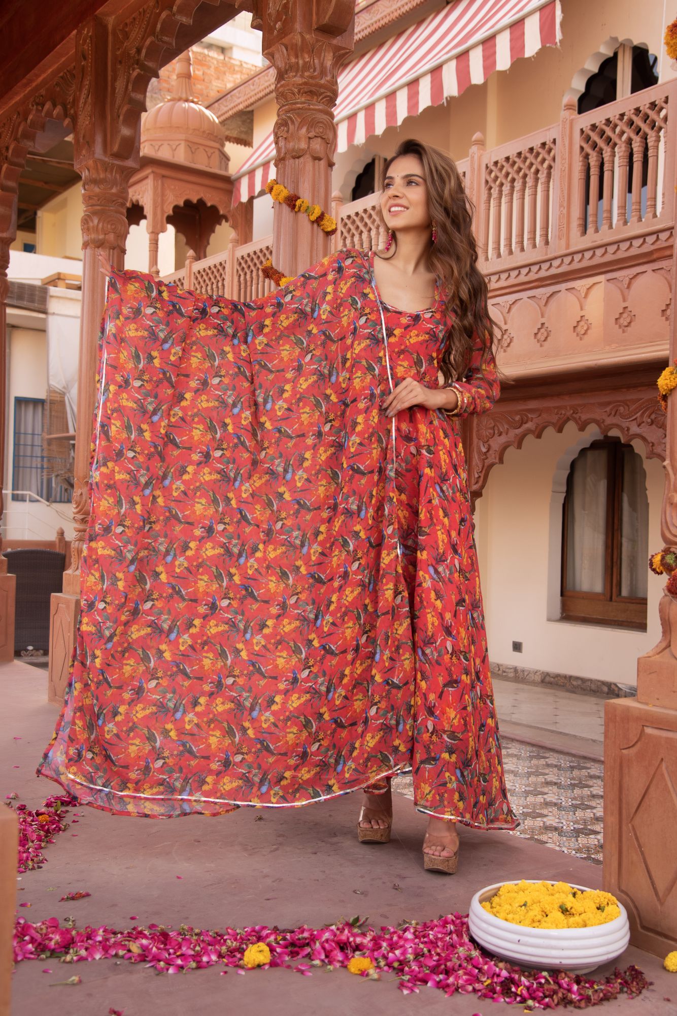 Sparrow Red Chiffon Anarkali Suit Set