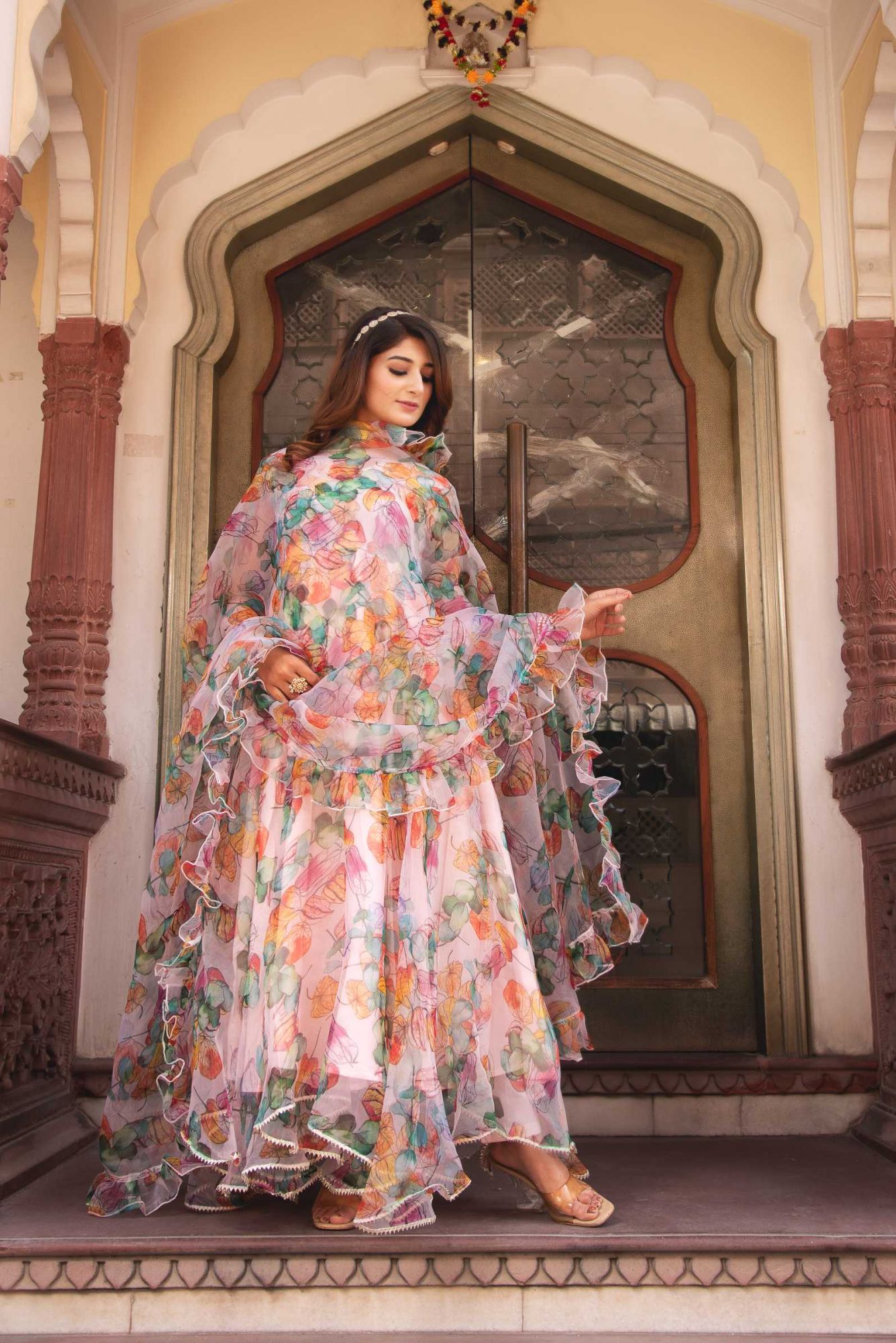 Multicolour Organza Ruffle Anarkali Suit Set