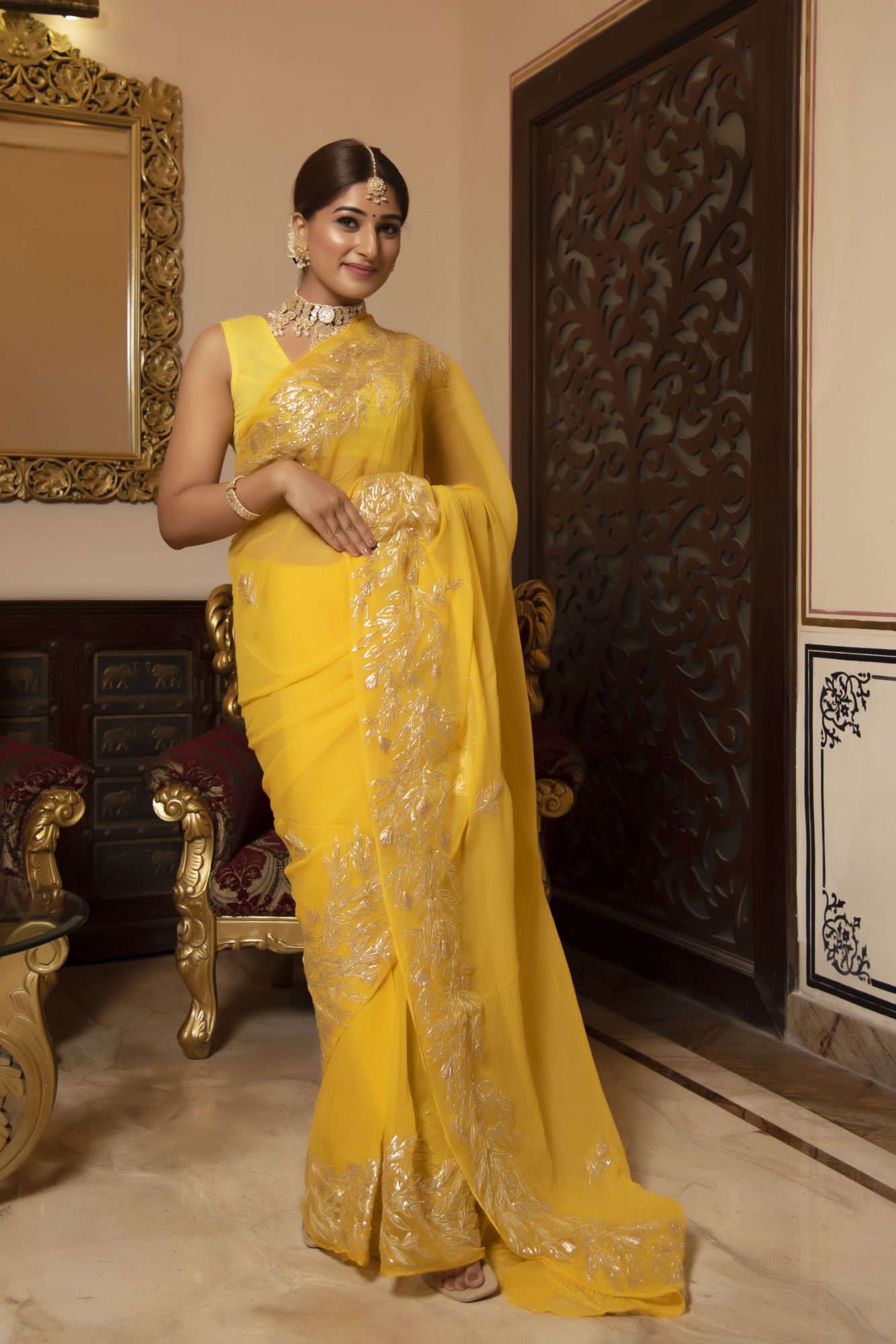 Yellow Sunshine Gotapatti Chiffon Handwork Saree