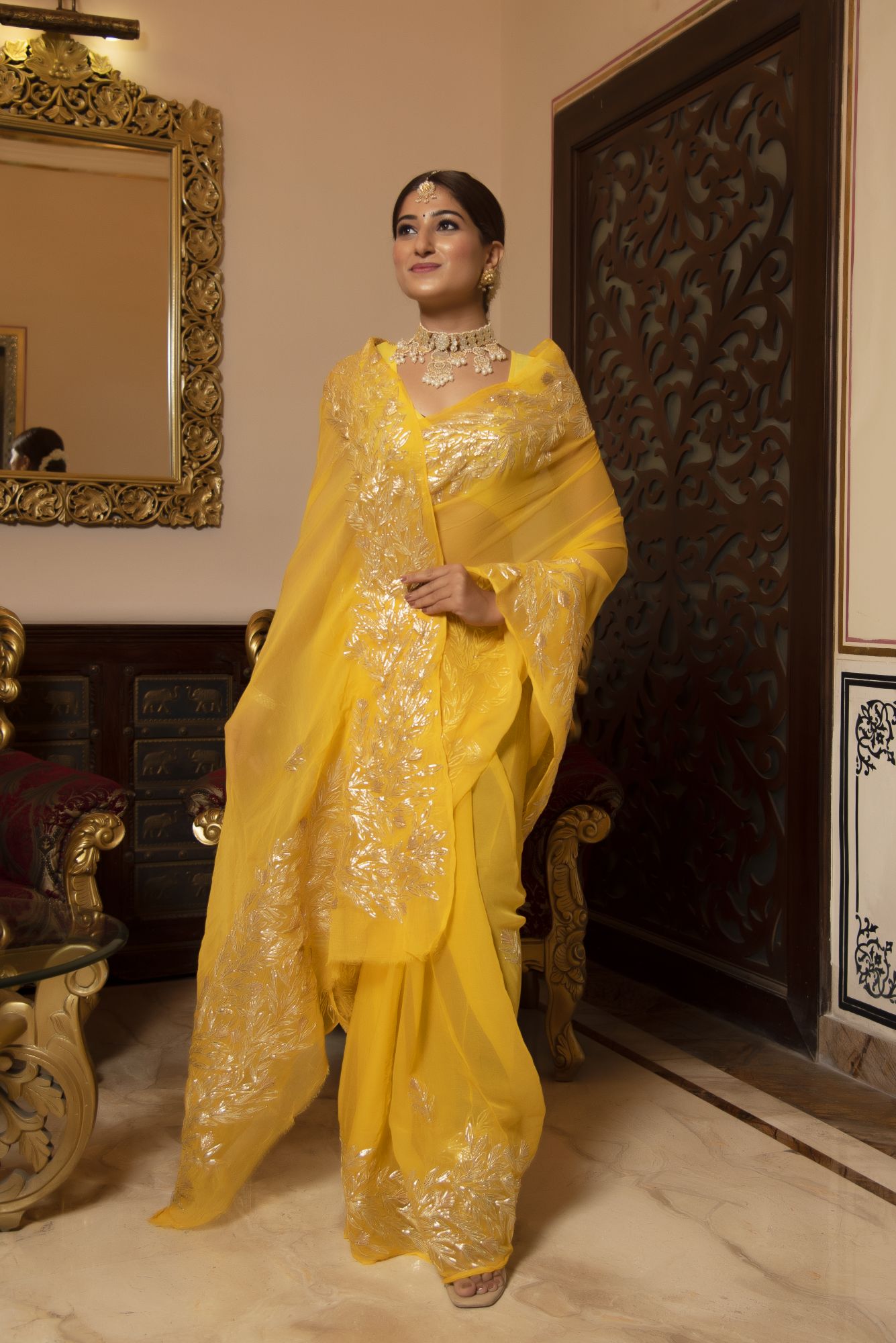 Yellow Sunshine Gotapatti Chiffon Handwork Saree
