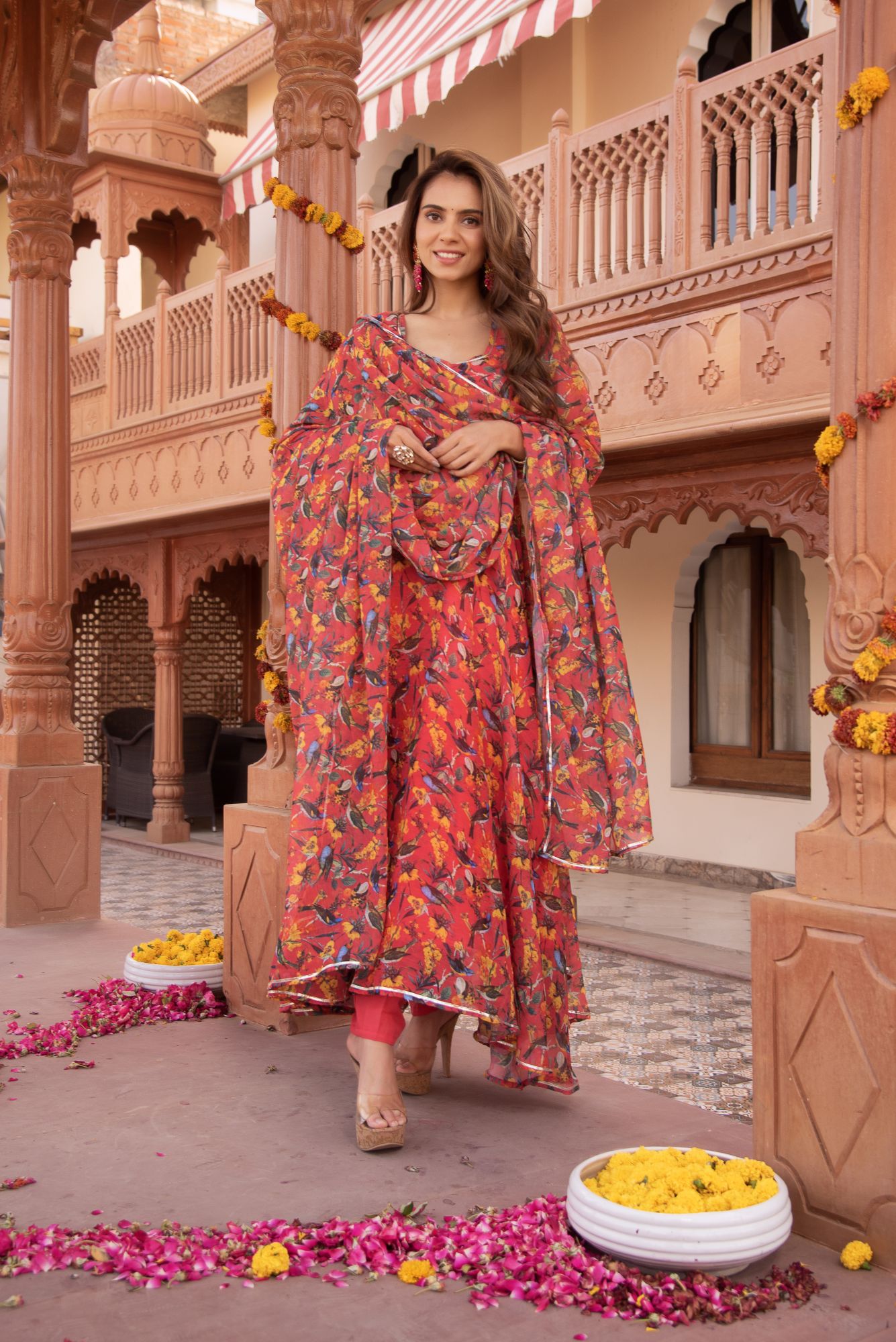 Sparrow Red Chiffon Anarkali Suit Set