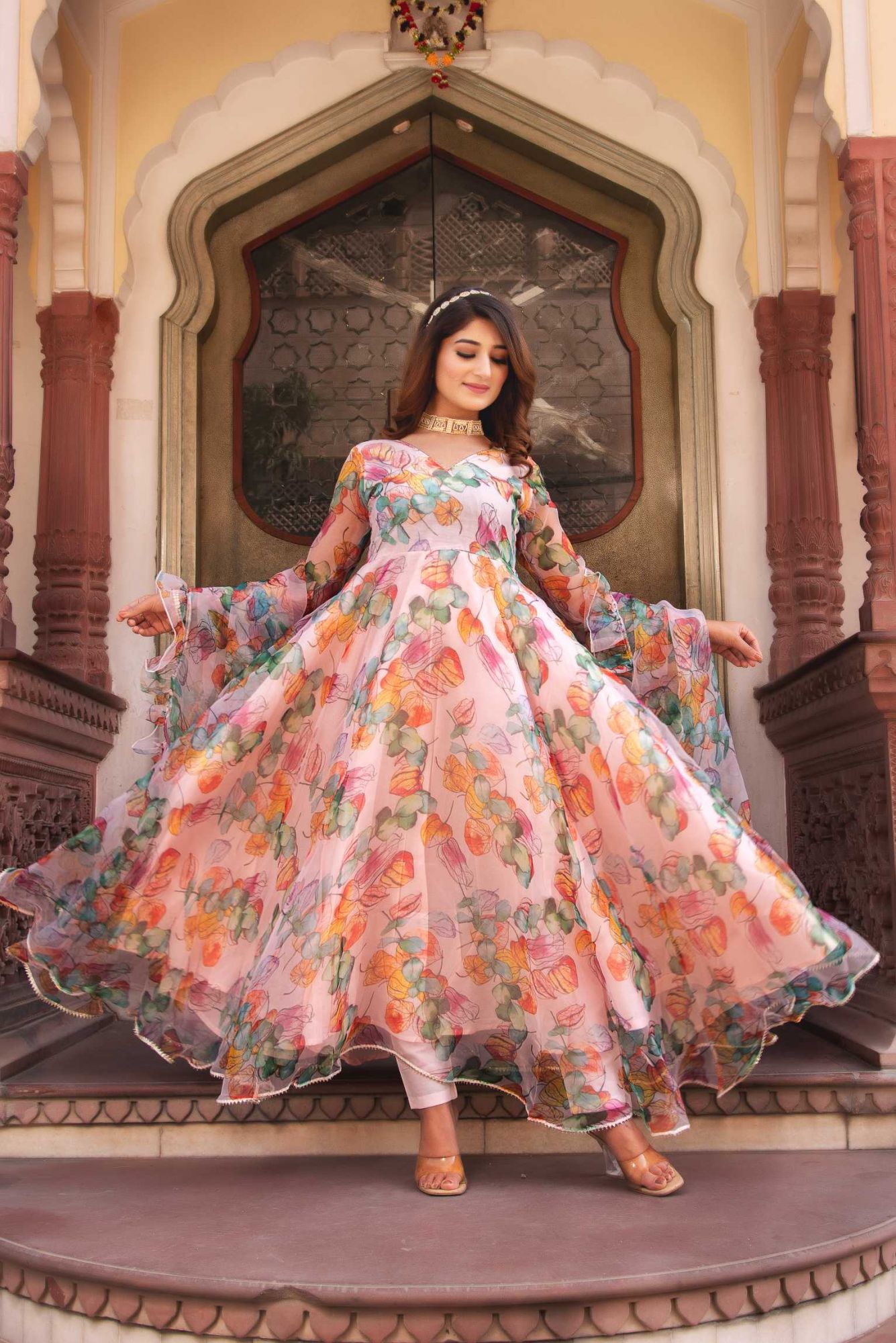 Multicolour Organza Ruffle Anarkali Suit Set