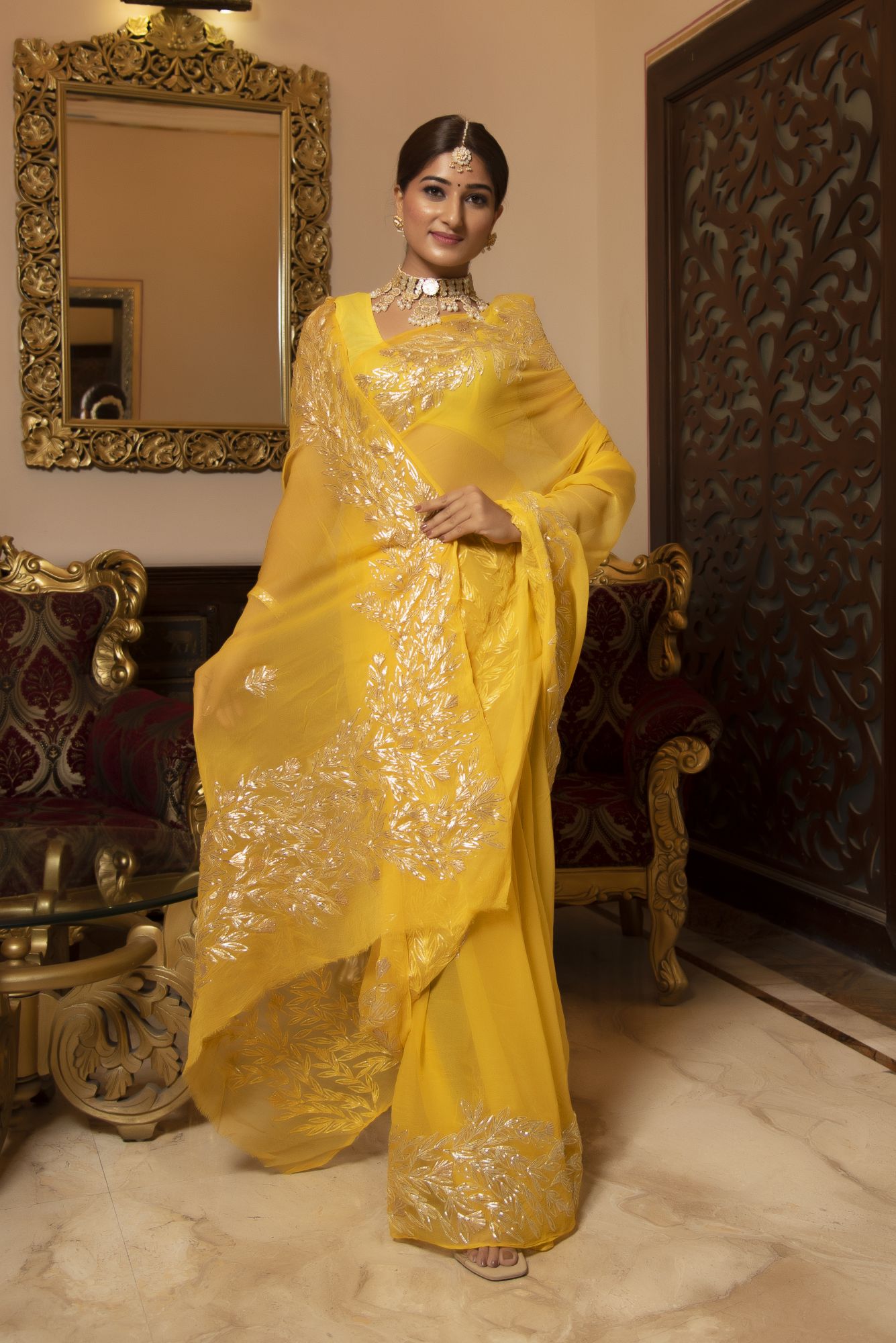 Yellow Sunshine Gotapatti Chiffon Handwork Saree