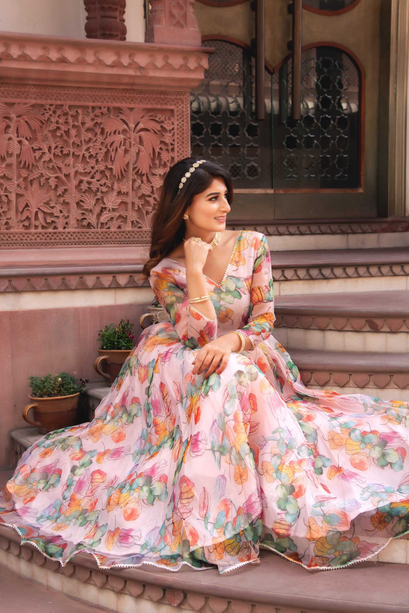 Multicolour Organza Ruffle Anarkali Suit Set