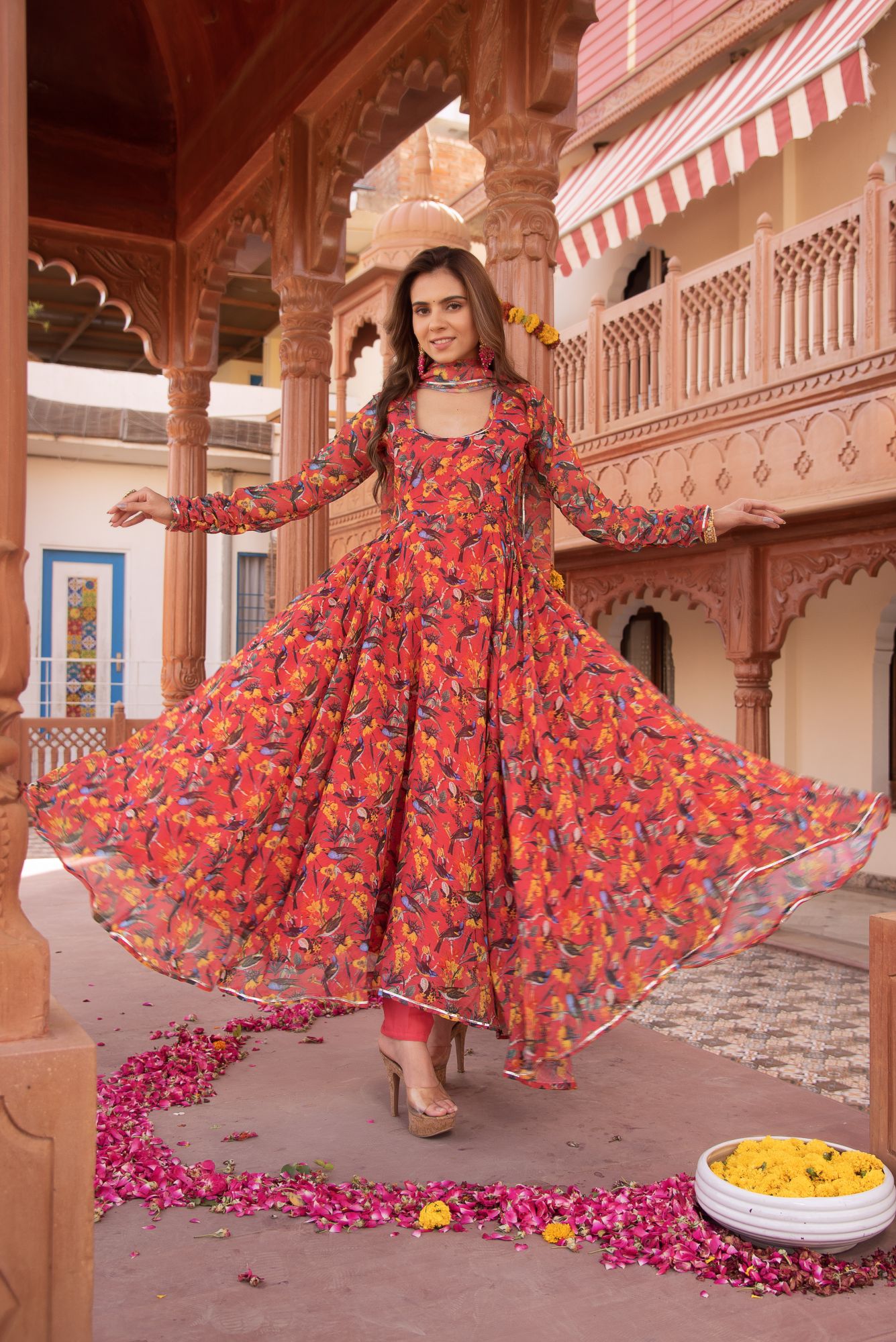 Sparrow Red Chiffon Anarkali Suit Set