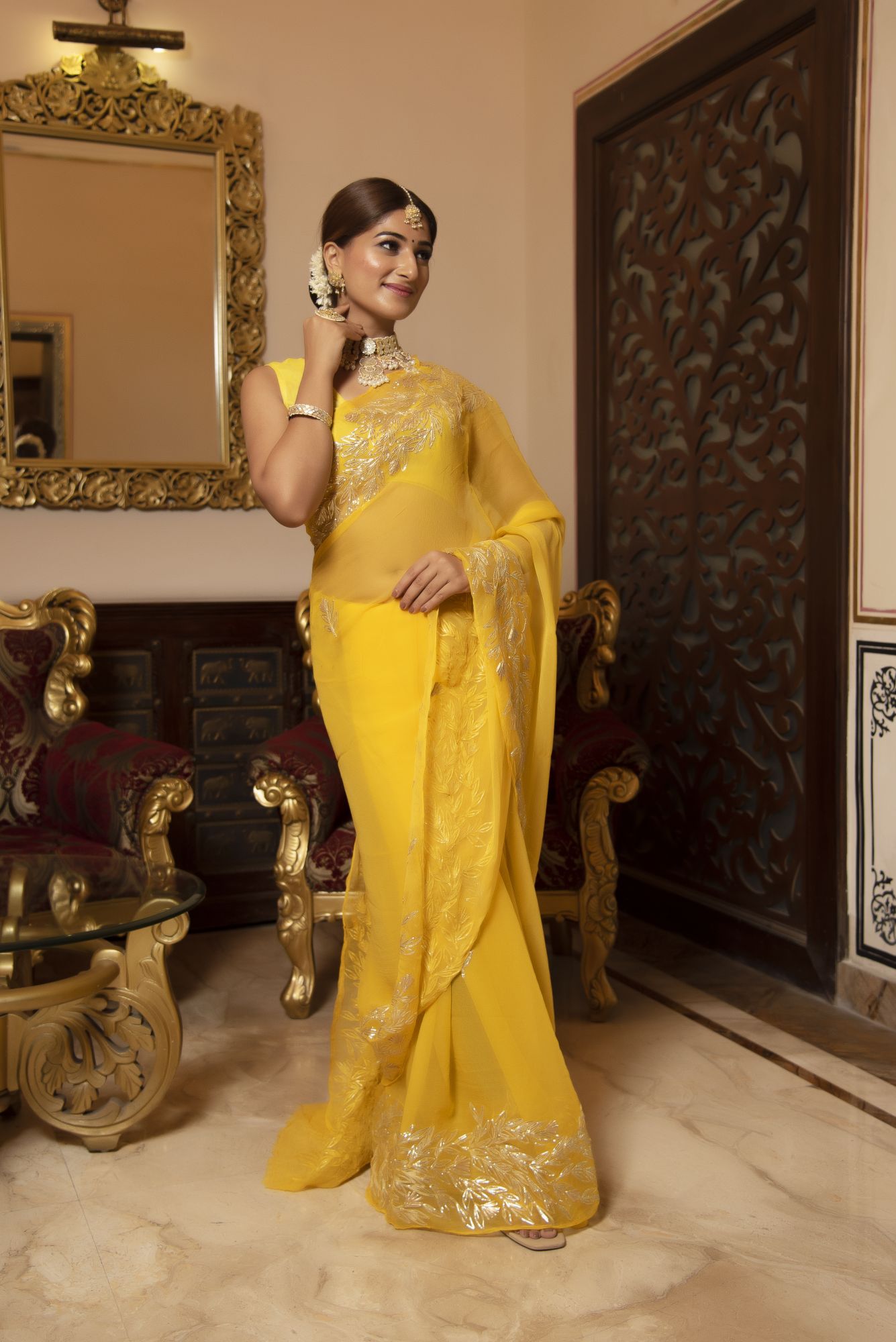 Yellow Sunshine Gotapatti Chiffon Handwork Saree