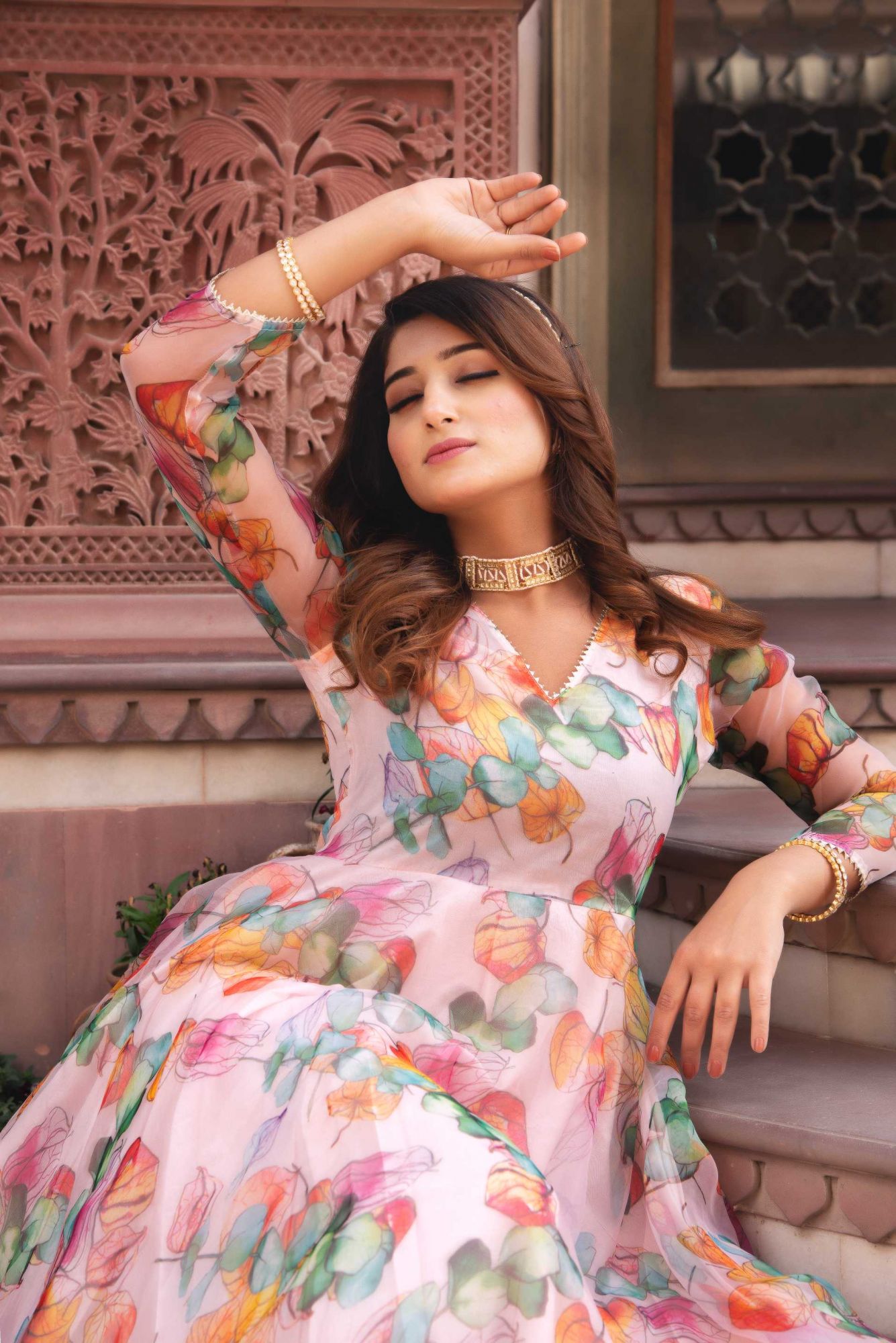 Multicolour Organza Ruffle Anarkali Suit Set