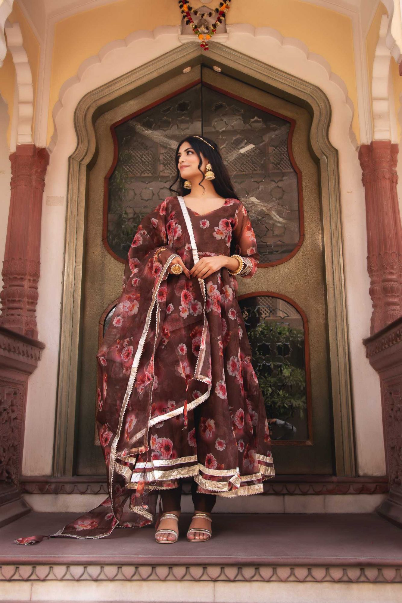 Sephia Brown Gotapatti Organza Anarkali Suit Set