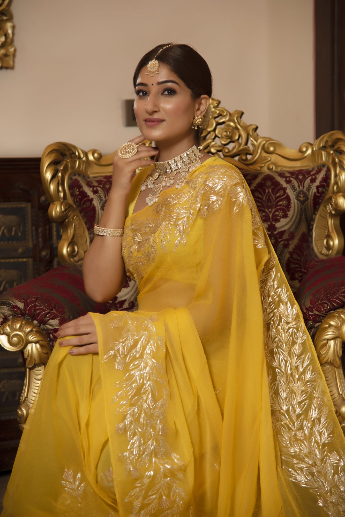 Yellow Sunshine Gotapatti Chiffon Handwork Saree