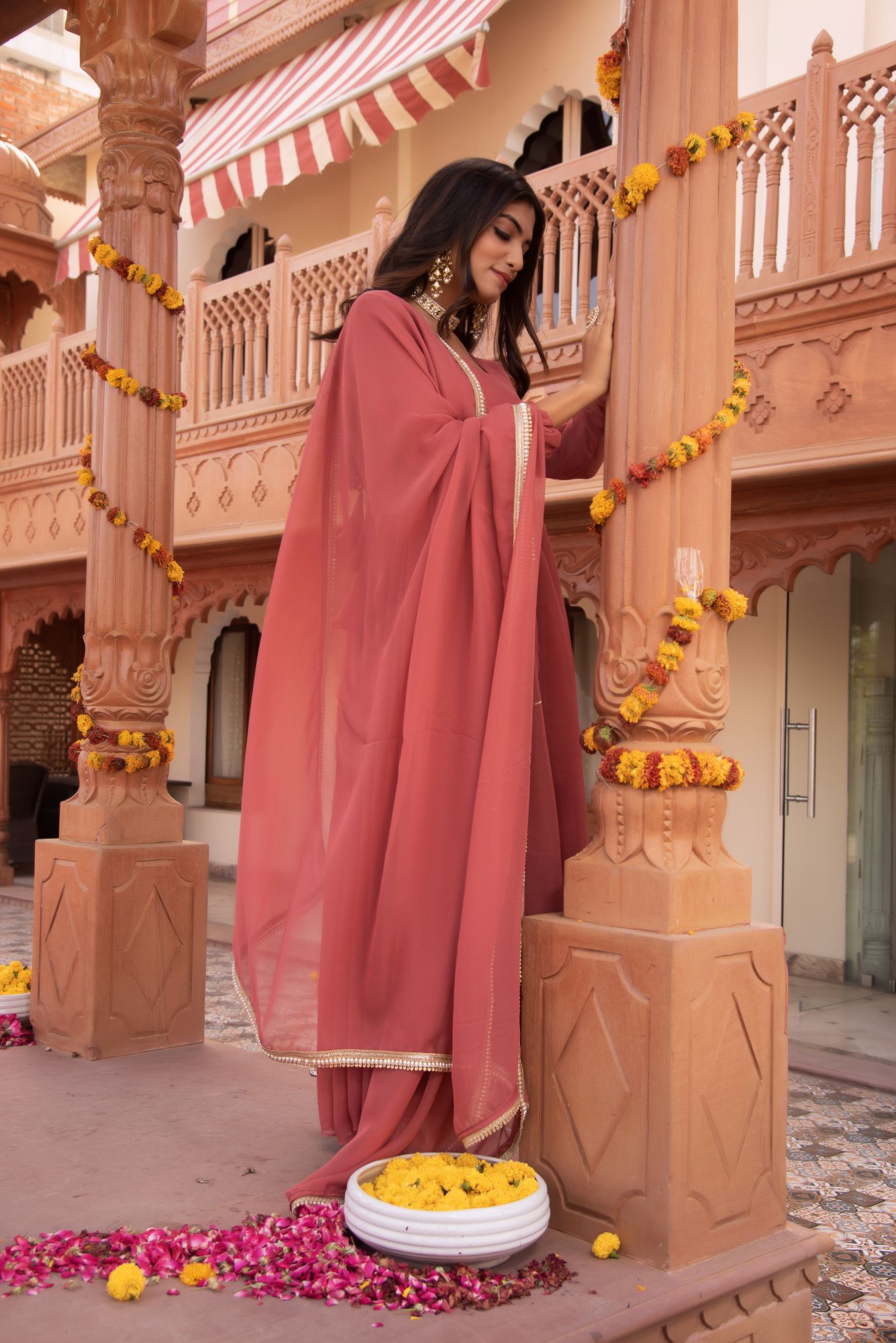 Pearl Rosegold Georgette Anarkali Suit Set