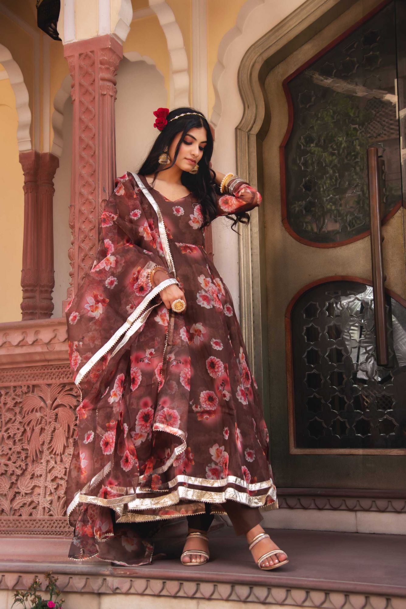Sephia Brown Gotapatti Organza Anarkali Suit Set